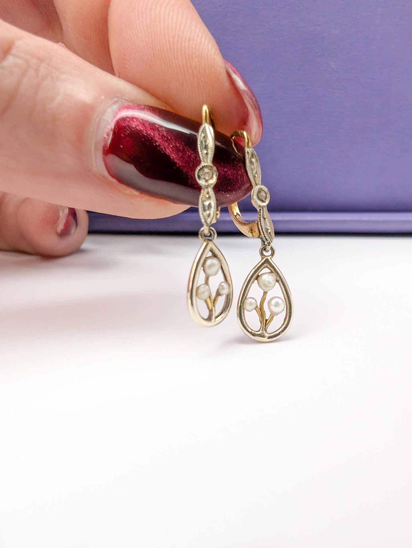 18K Gold Art Nouveau Pearl Dangle Earrings: Antique Diamond Jewelry