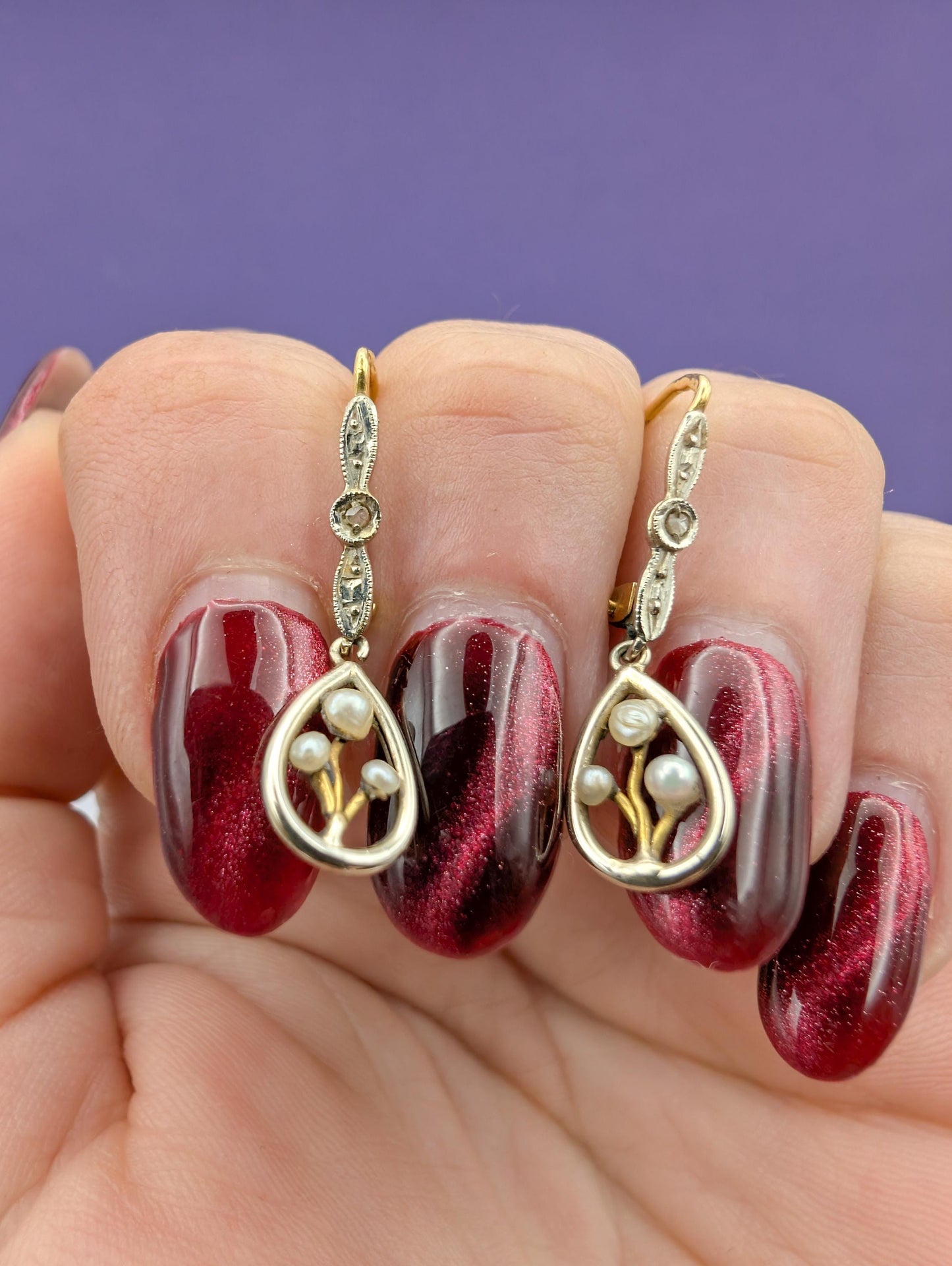 18K Gold Art Nouveau Pearl Dangle Earrings: Antique Diamond Jewelry