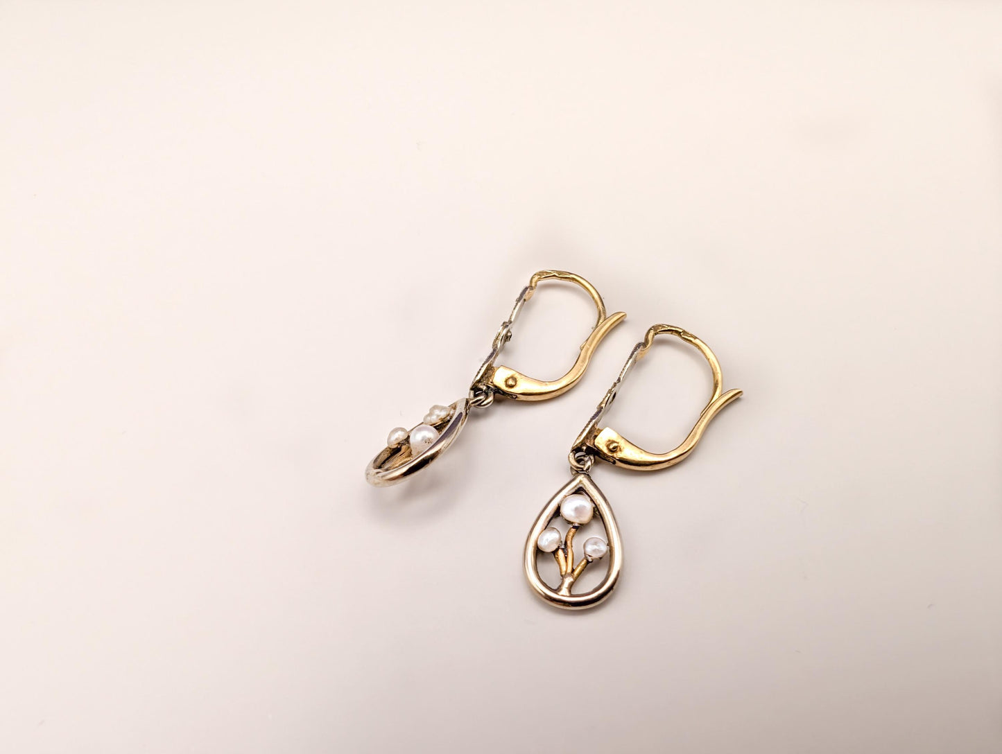 18K Gold Art Nouveau Pearl Dangle Earrings: Antique Diamond Jewelry
