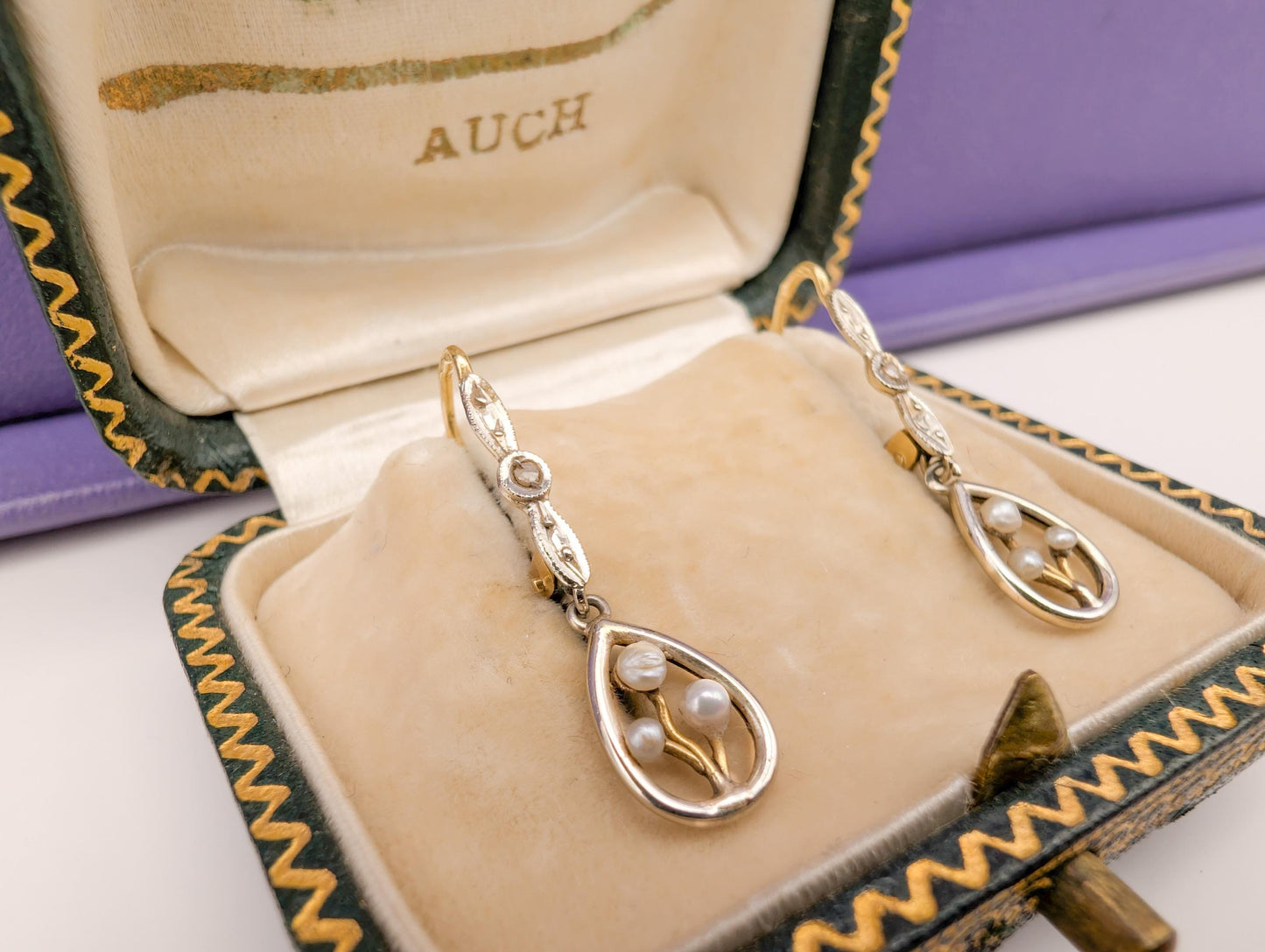 18K Gold Art Nouveau Pearl Dangle Earrings: Antique Diamond Jewelry