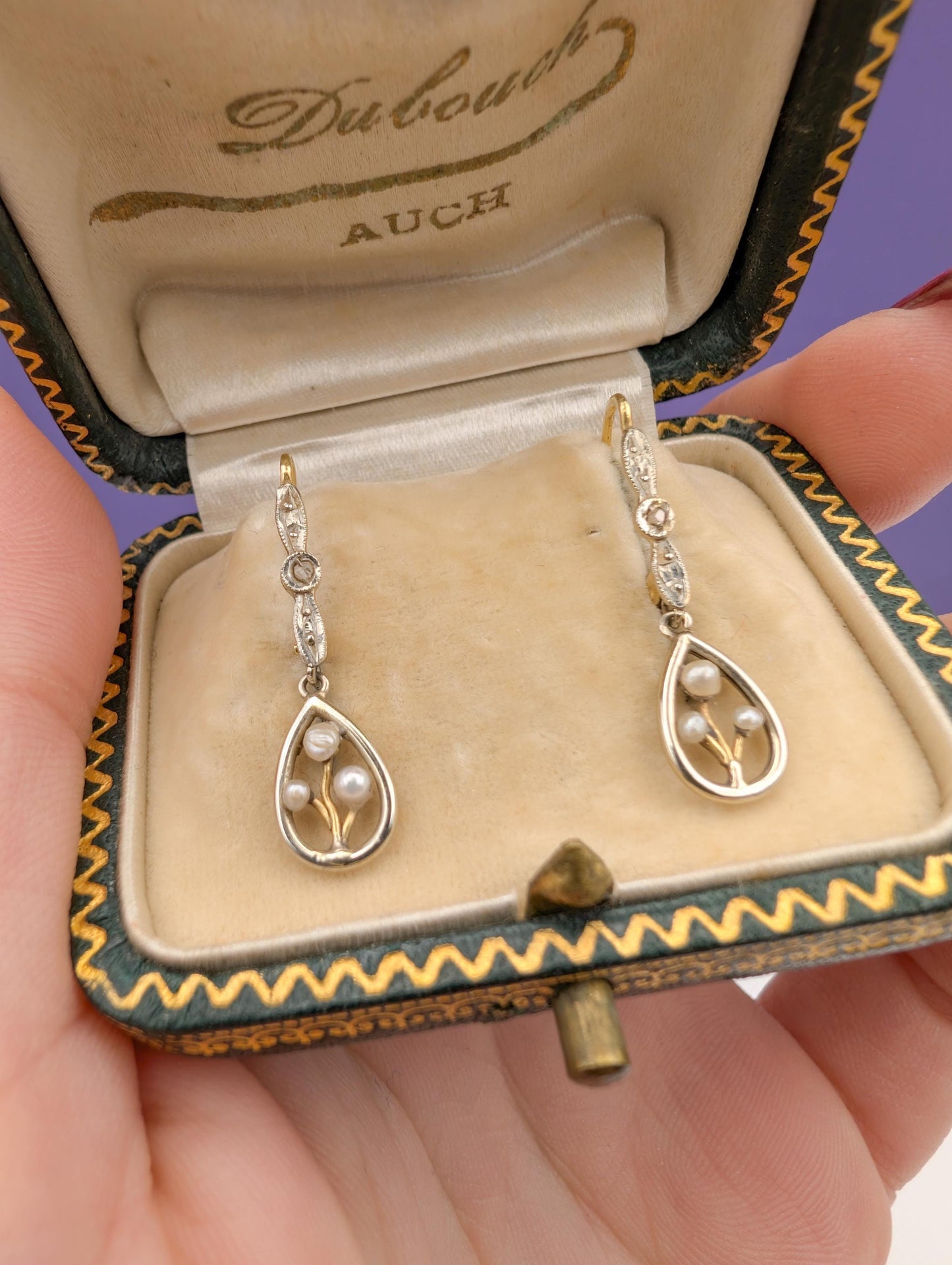 18K Gold Art Nouveau Pearl Dangle Earrings: Antique Diamond Jewelry