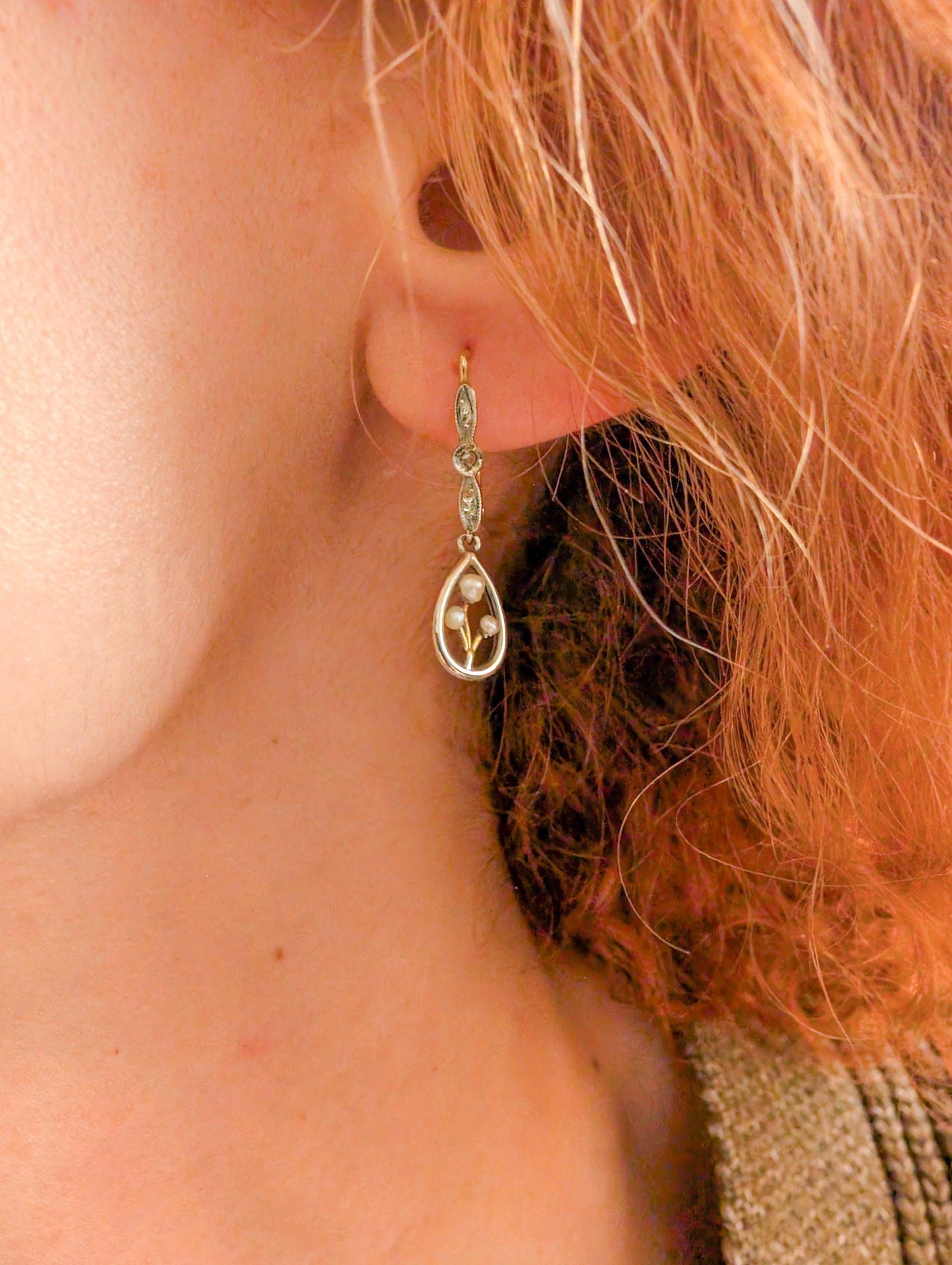 18K Gold Art Nouveau Pearl Dangle Earrings: Antique Diamond Jewelry