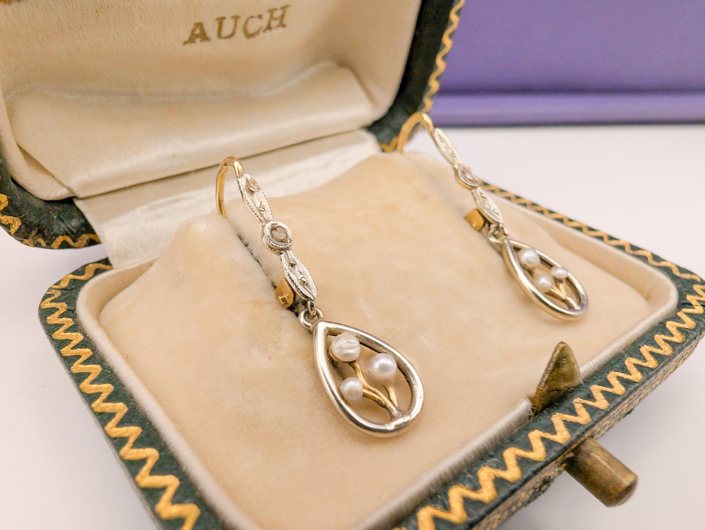 18K Gold Art Nouveau Pearl Dangle Earrings: Antique Diamond Jewelry