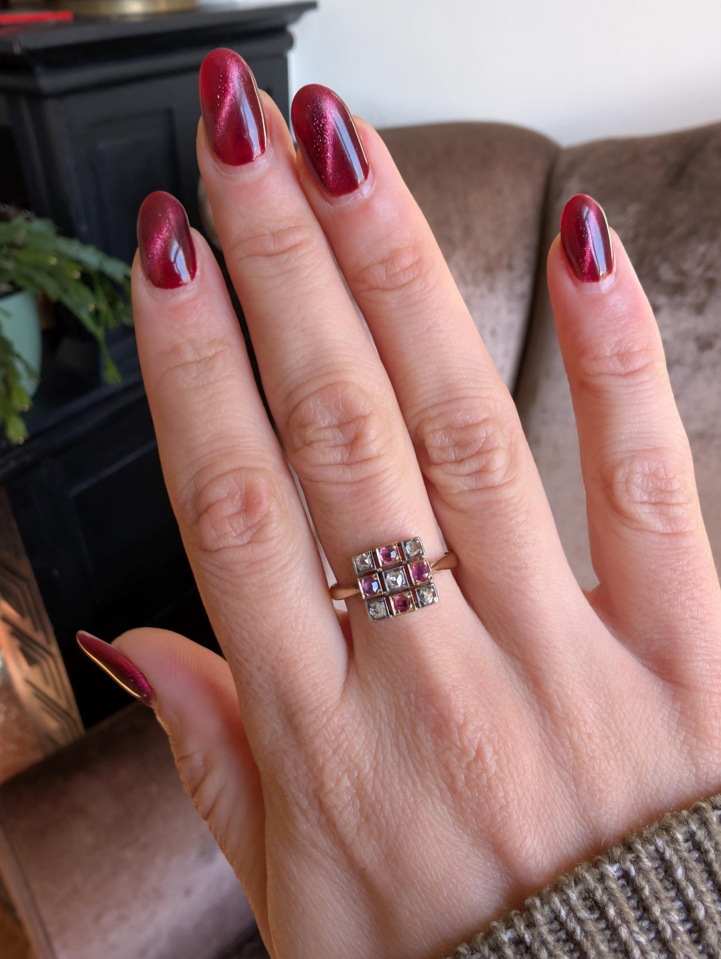 18K Gold Art Deco Ring: Diamond & Garnet Engagement Ring