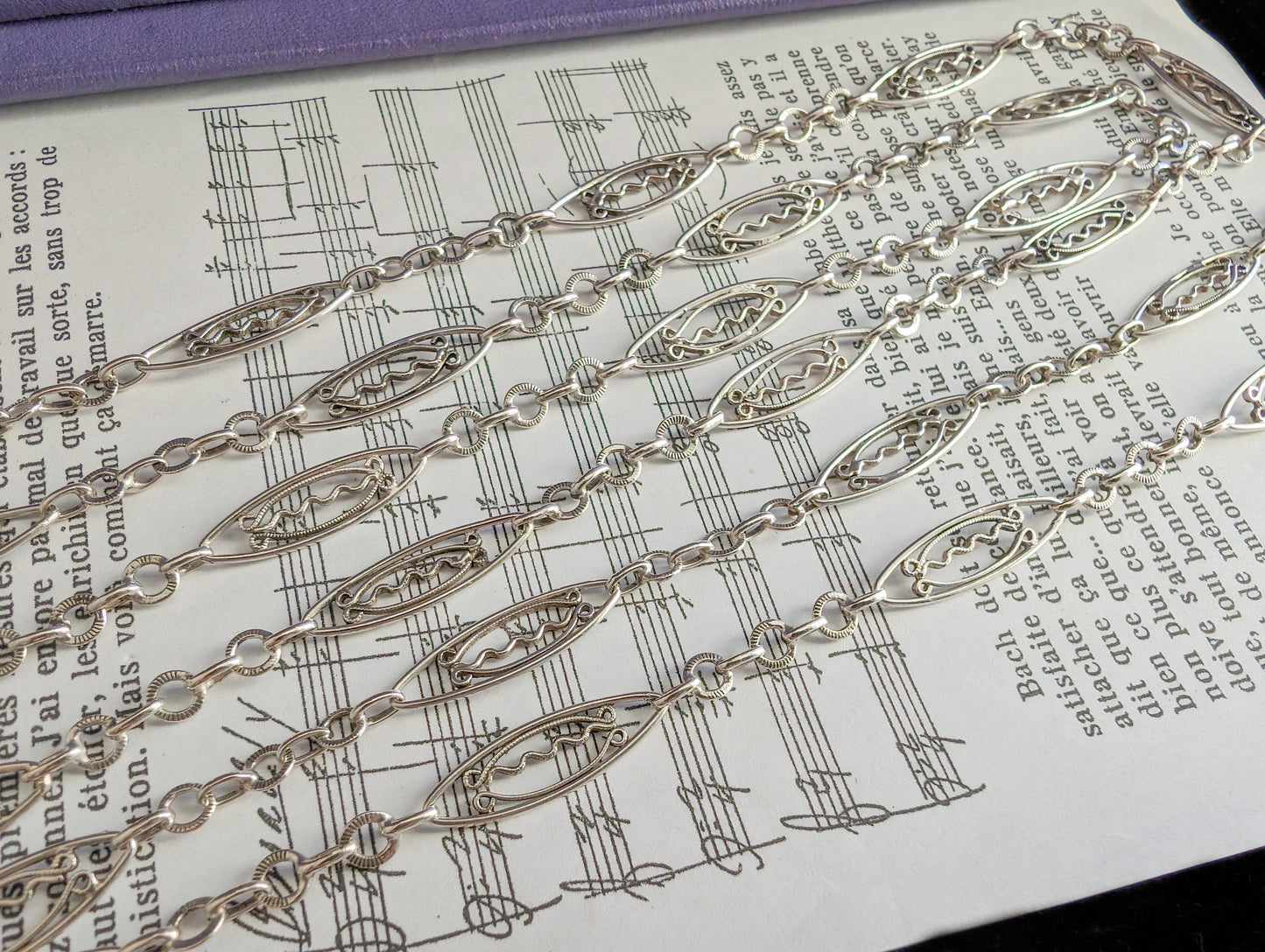 Antique French Silver Filigree Longuard Necklace: Art Nouveau Chain