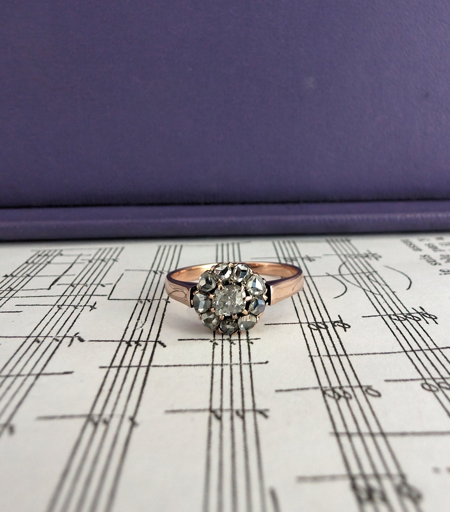 Antique Edwardian 18K Rose Gold Diamond Daisy Cluster Ring