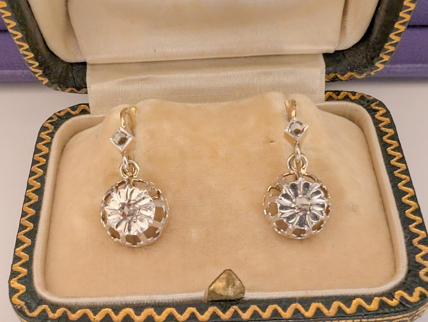 1930s Art Deco 18K Gold Diamond Sleeper Earrings: Antique French Jewelry