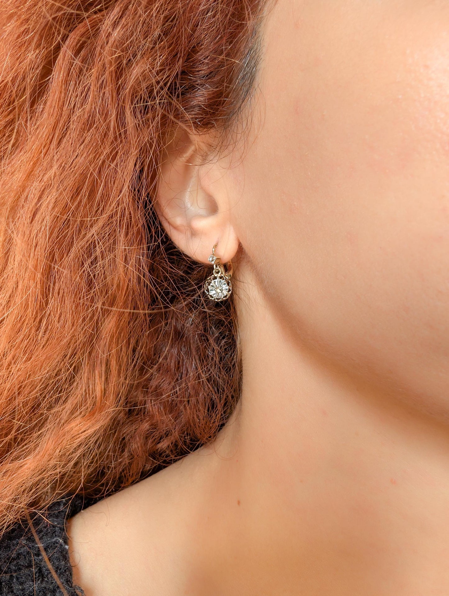 1930s Art Deco 18K Gold Diamond Sleeper Earrings: Antique French Jewelry