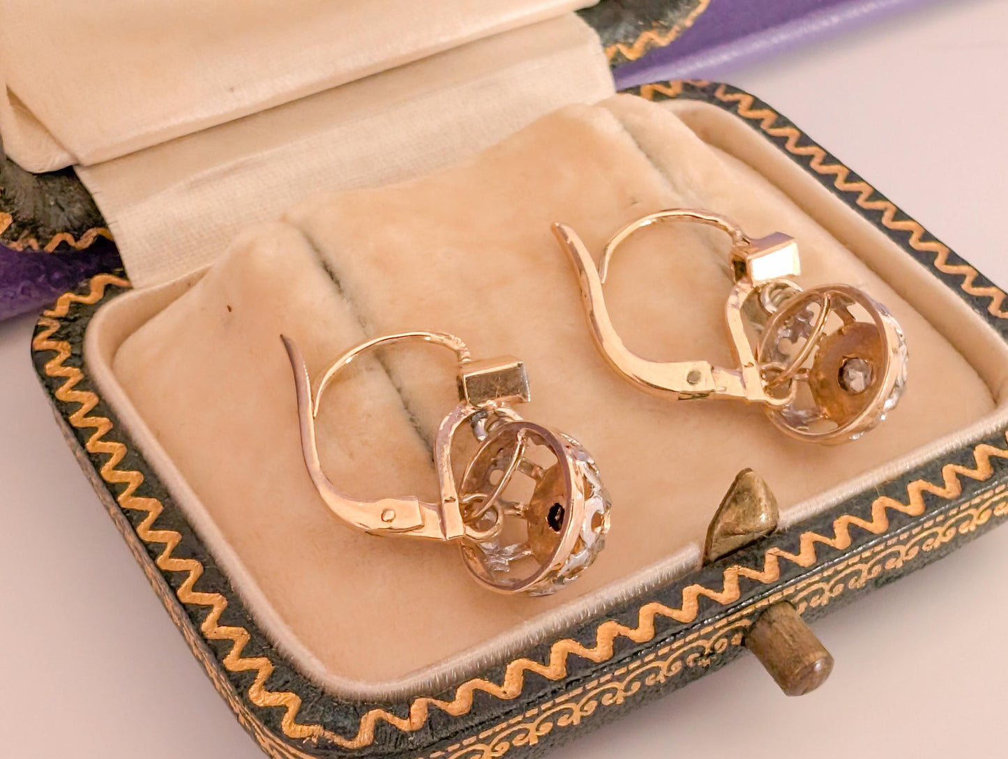 1930s Art Deco 18K Gold Diamond Sleeper Earrings: Antique French Jewelry