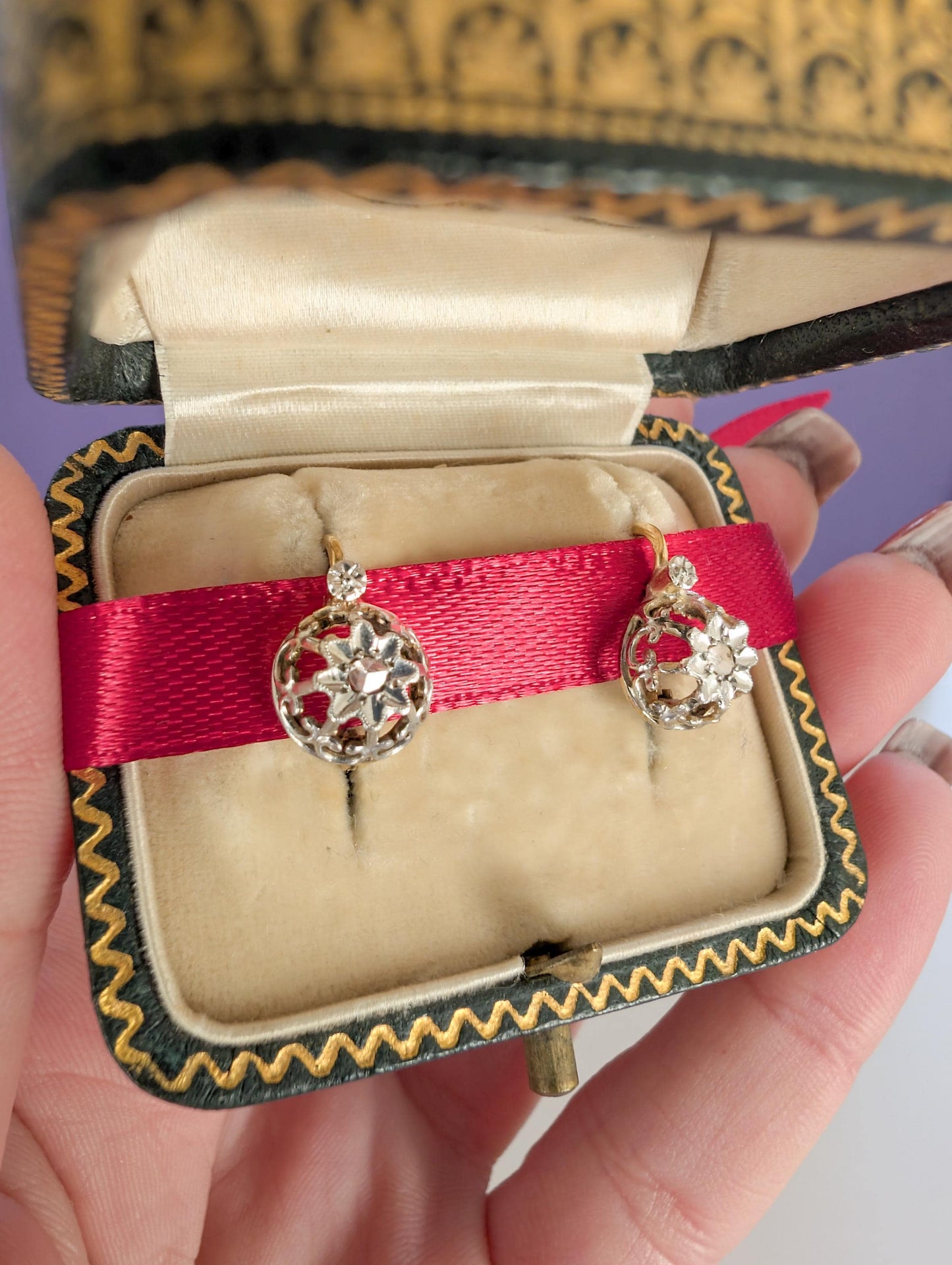 18K Gold Edwardian Diamond Earrings: Antique French Jewelry c.1900