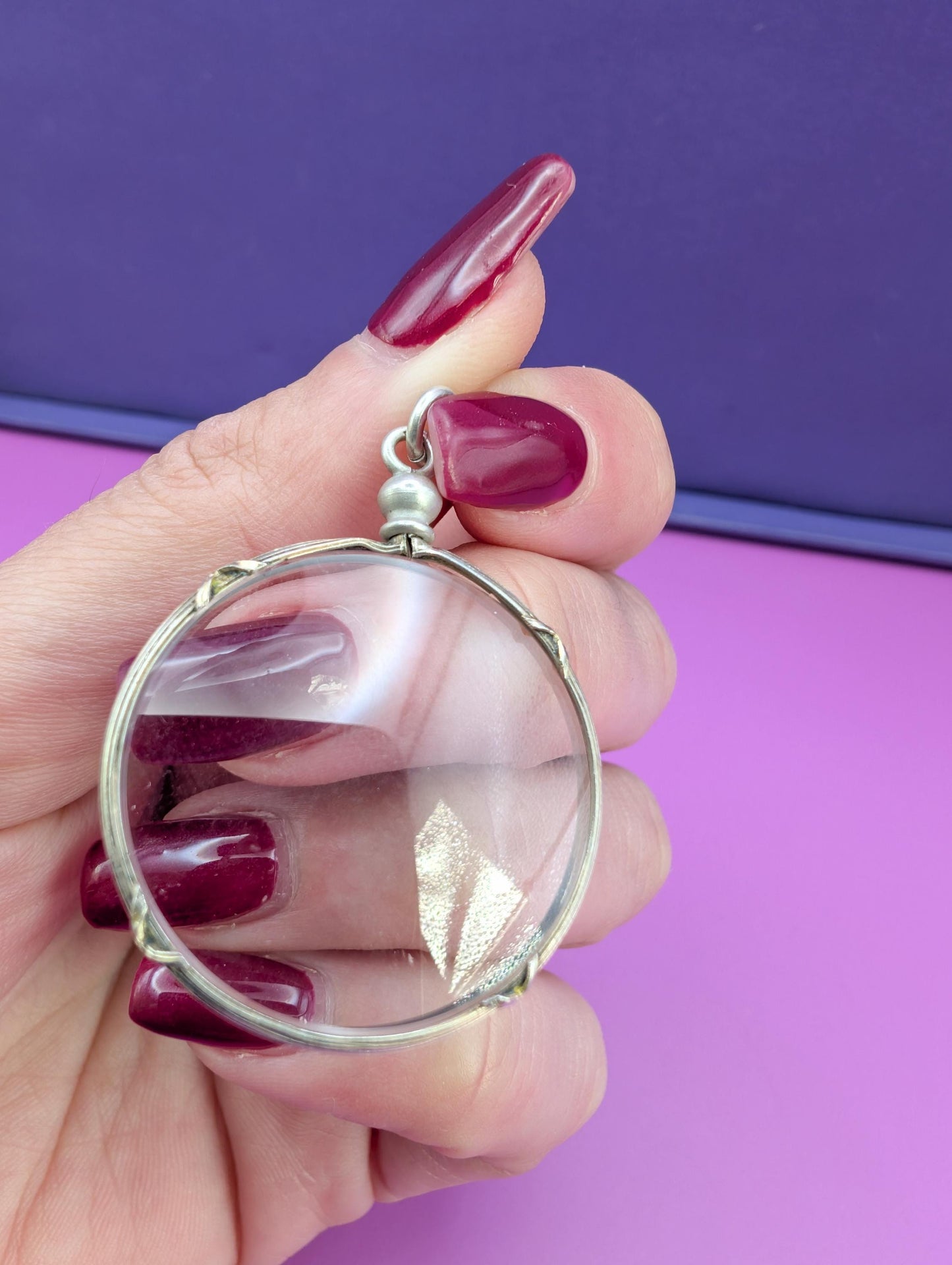 Antique Edwardian Glass Shaker Locket: Engraved Silver Frame Pendant