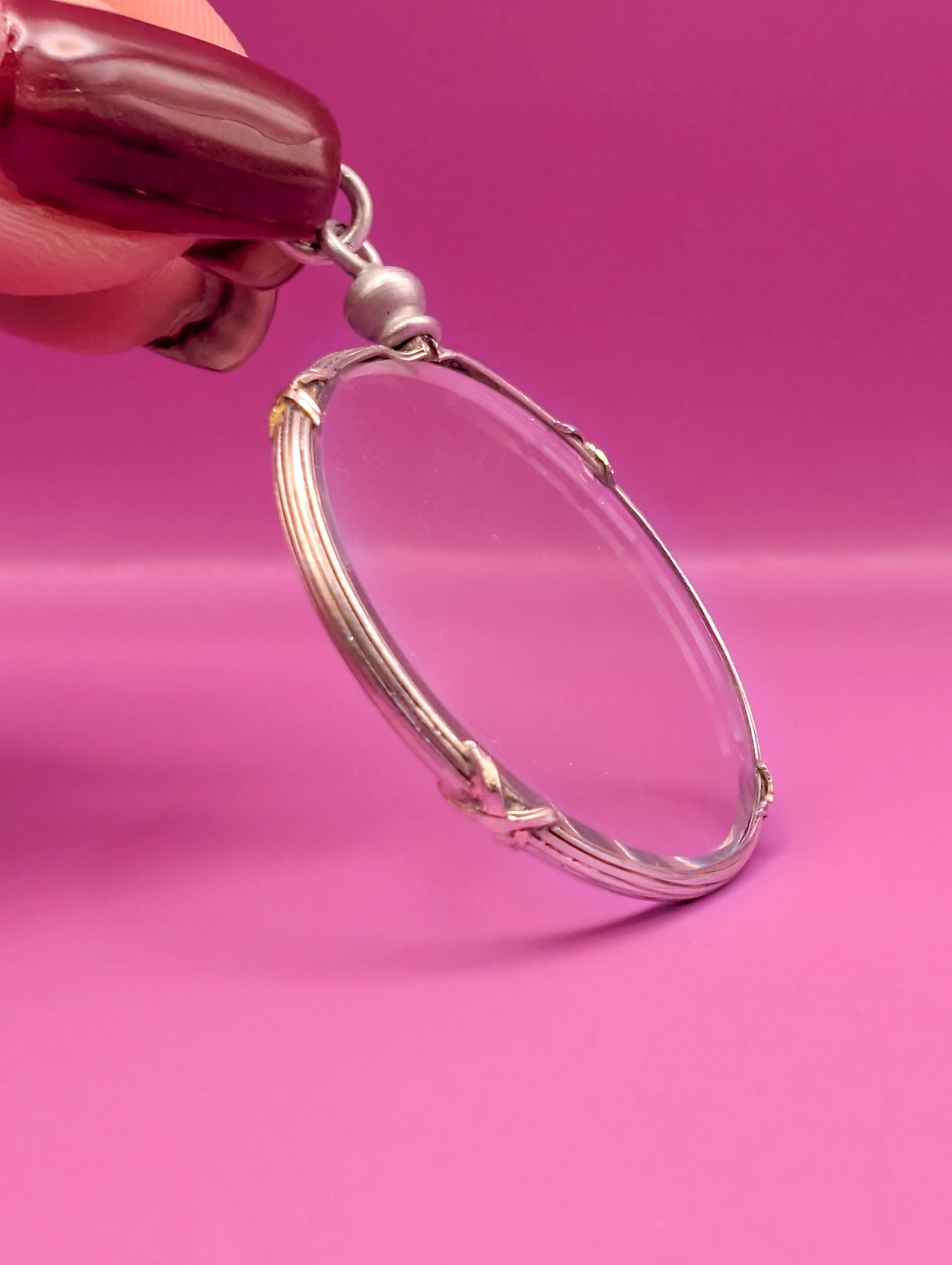 Antique Edwardian Glass Shaker Locket: Engraved Silver Frame Pendant