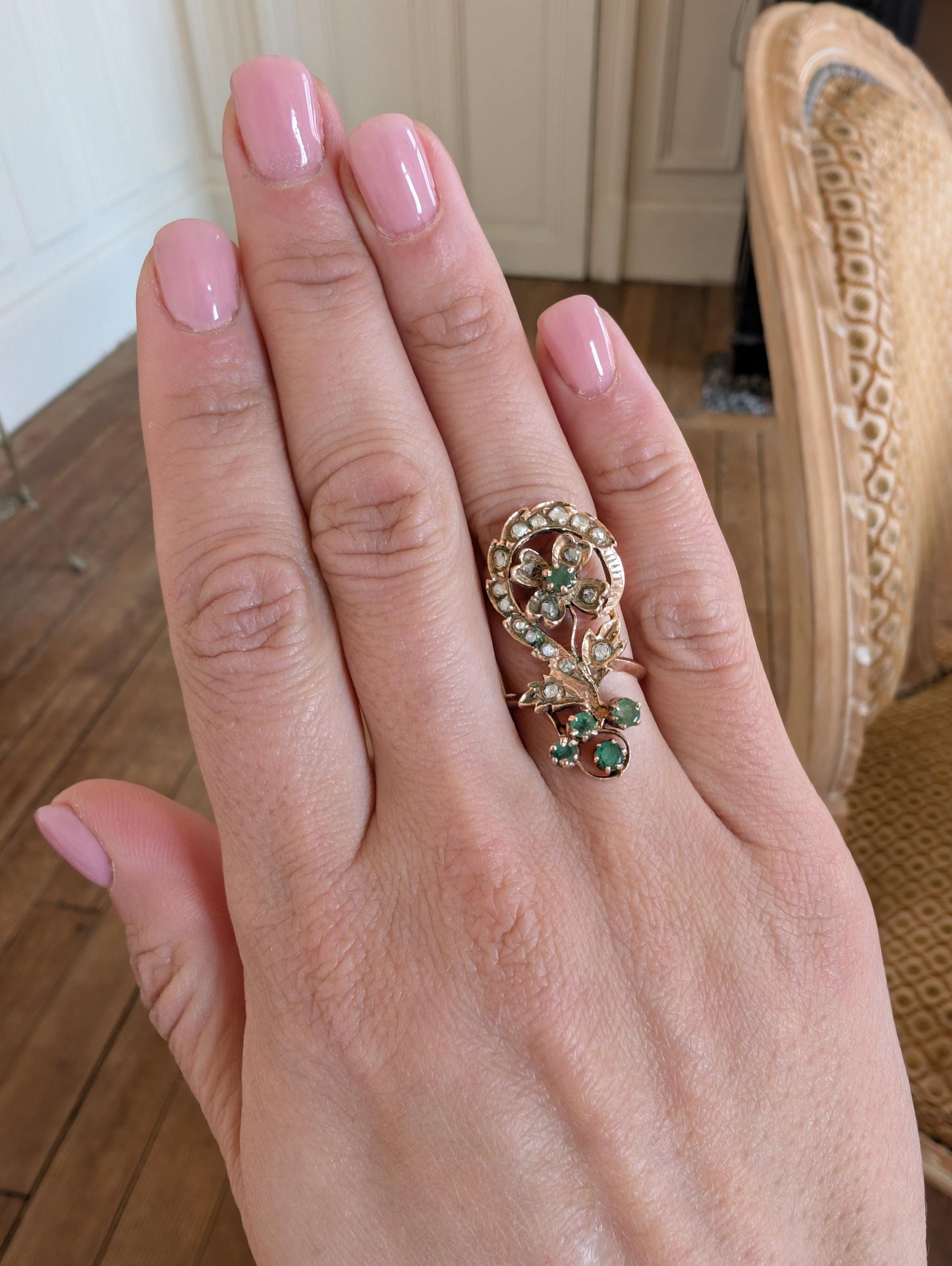 9K Gold Antique Art Nouveau Emerald Diamond Ring (US 5 1/2)