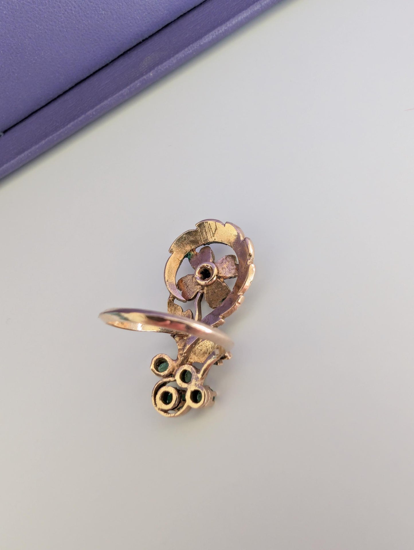 9K Gold Antique Art Nouveau Emerald Diamond Ring (US 5 1/2)