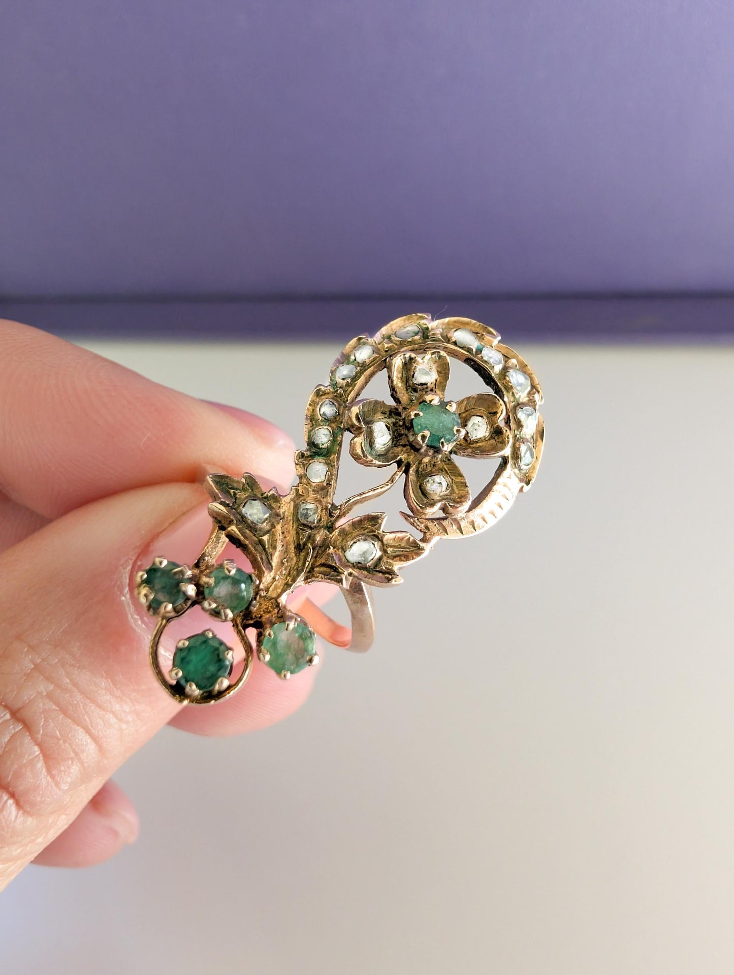 9K Gold Antique Art Nouveau Emerald Diamond Ring (US 5 1/2)