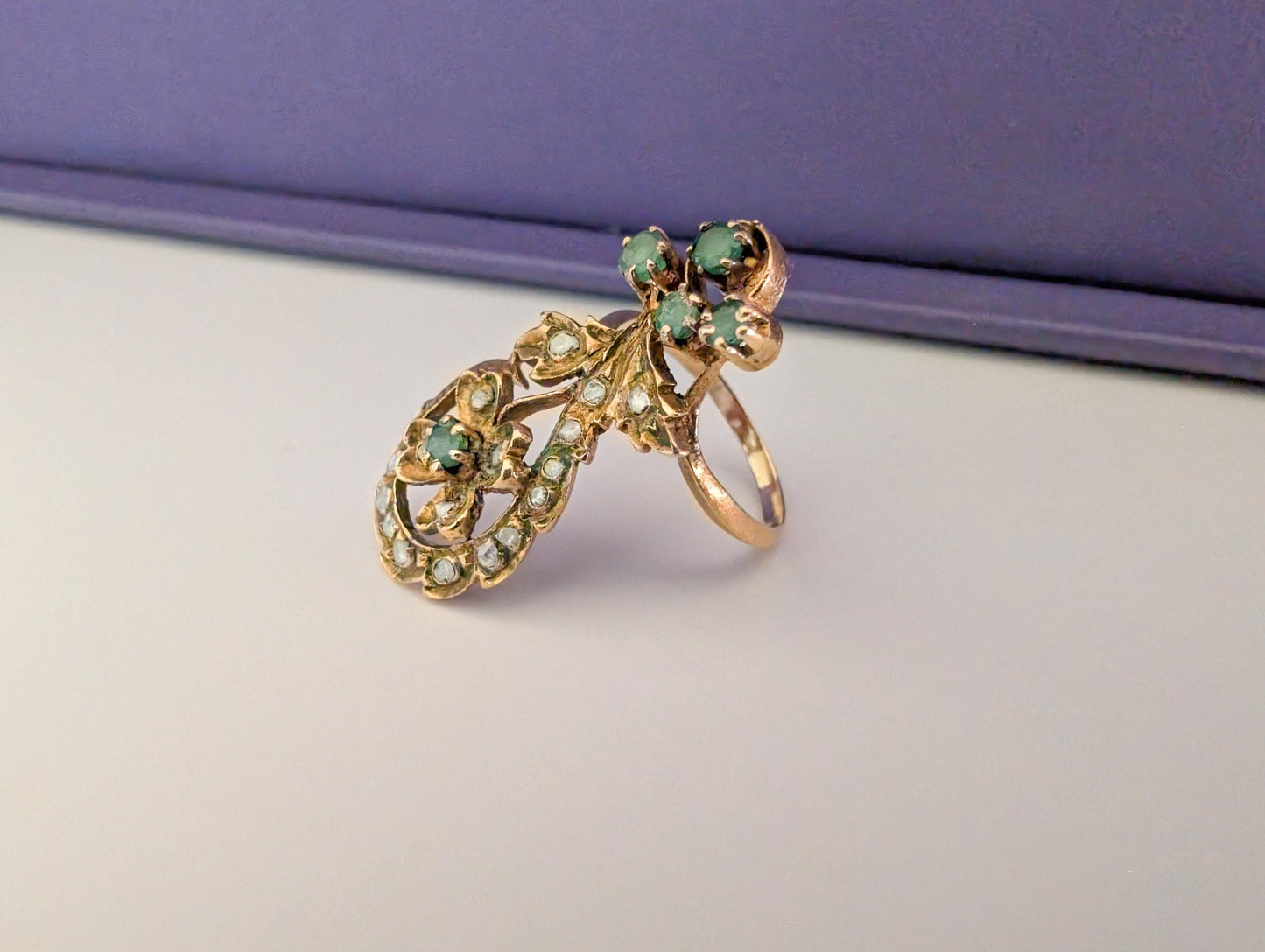 9K Gold Antique Art Nouveau Emerald Diamond Ring (US 5 1/2)