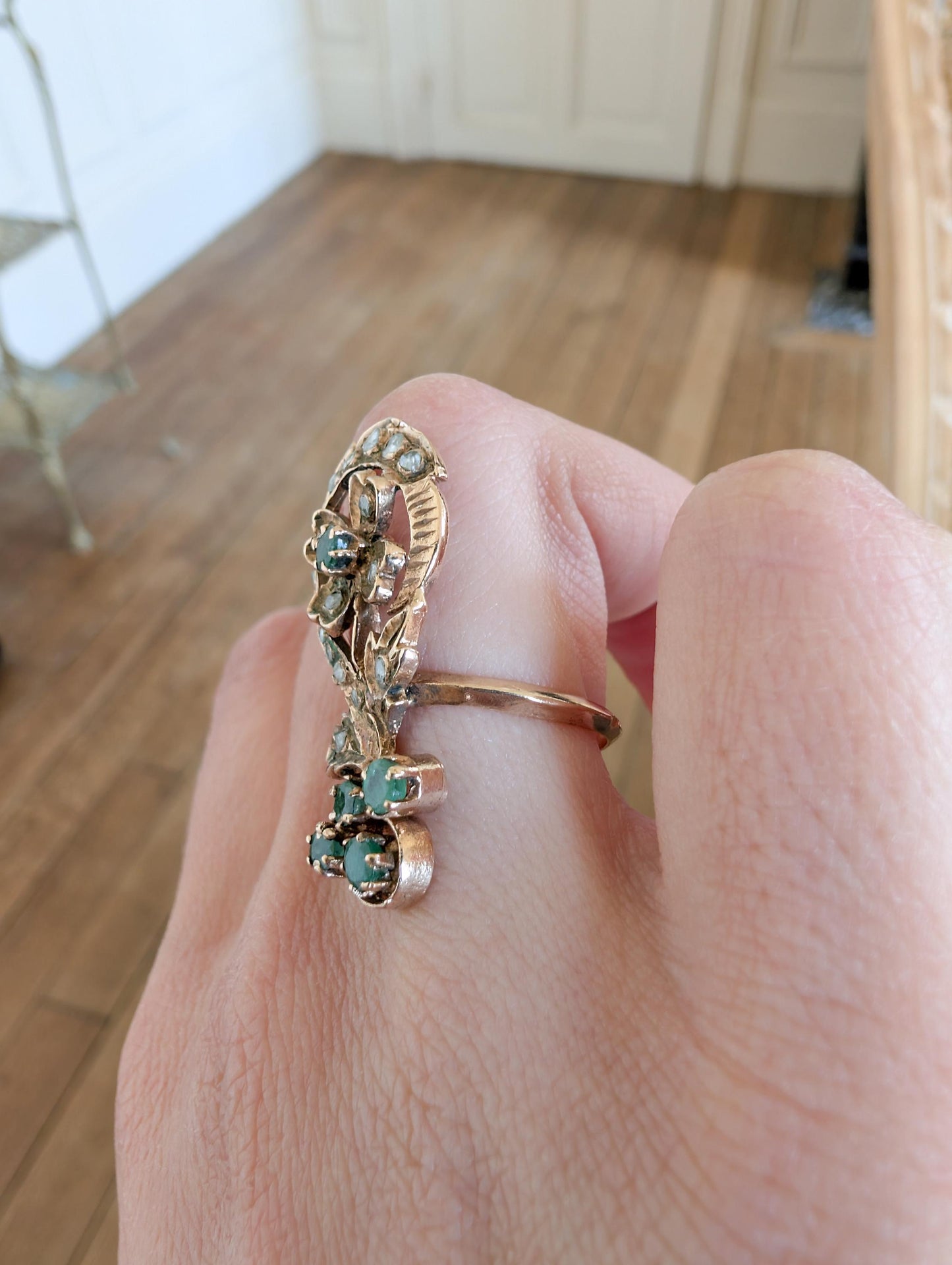 9K Gold Antique Art Nouveau Emerald Diamond Ring (US 5 1/2)