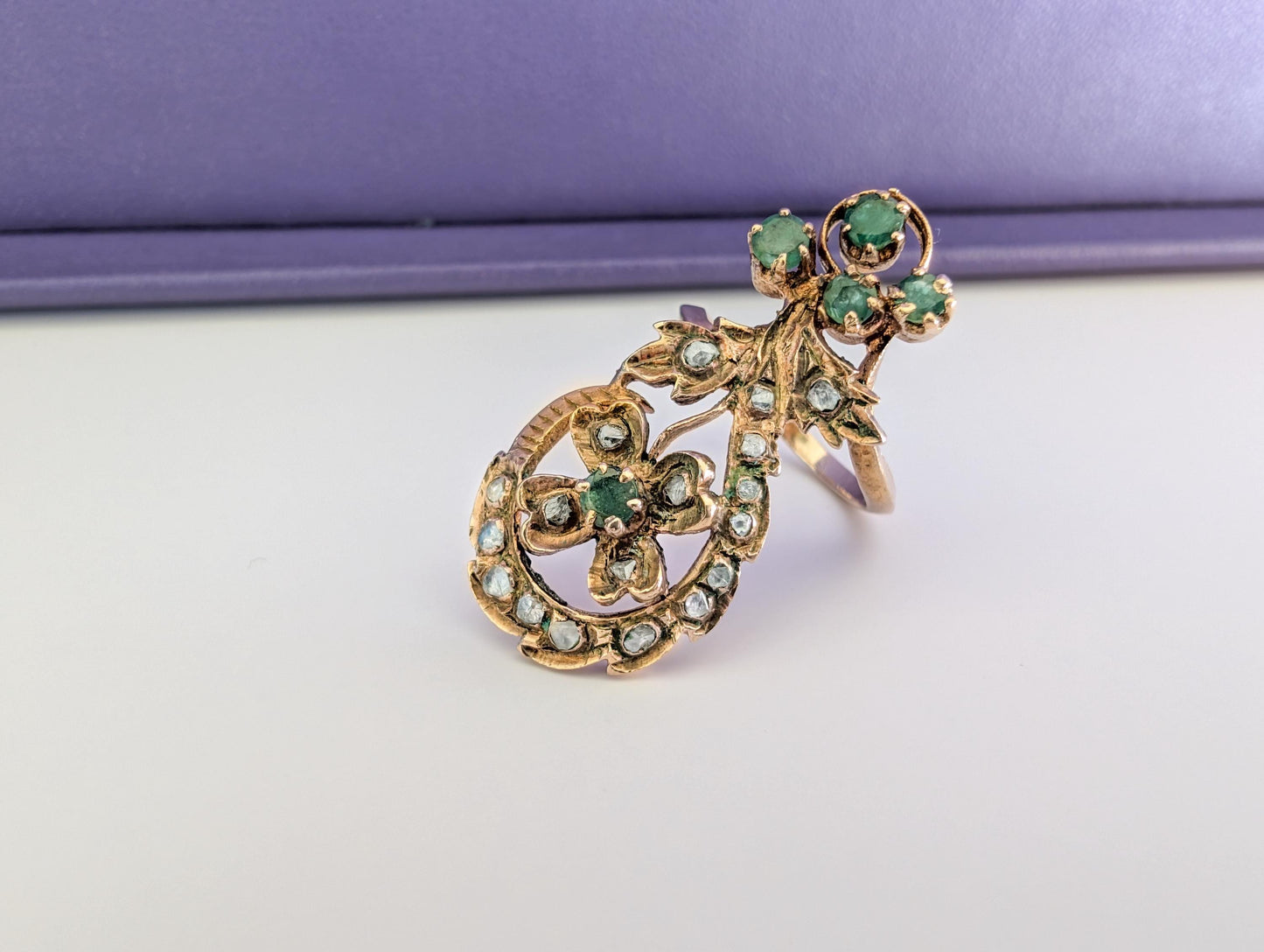 9K Gold Antique Art Nouveau Emerald Diamond Ring (US 5 1/2)