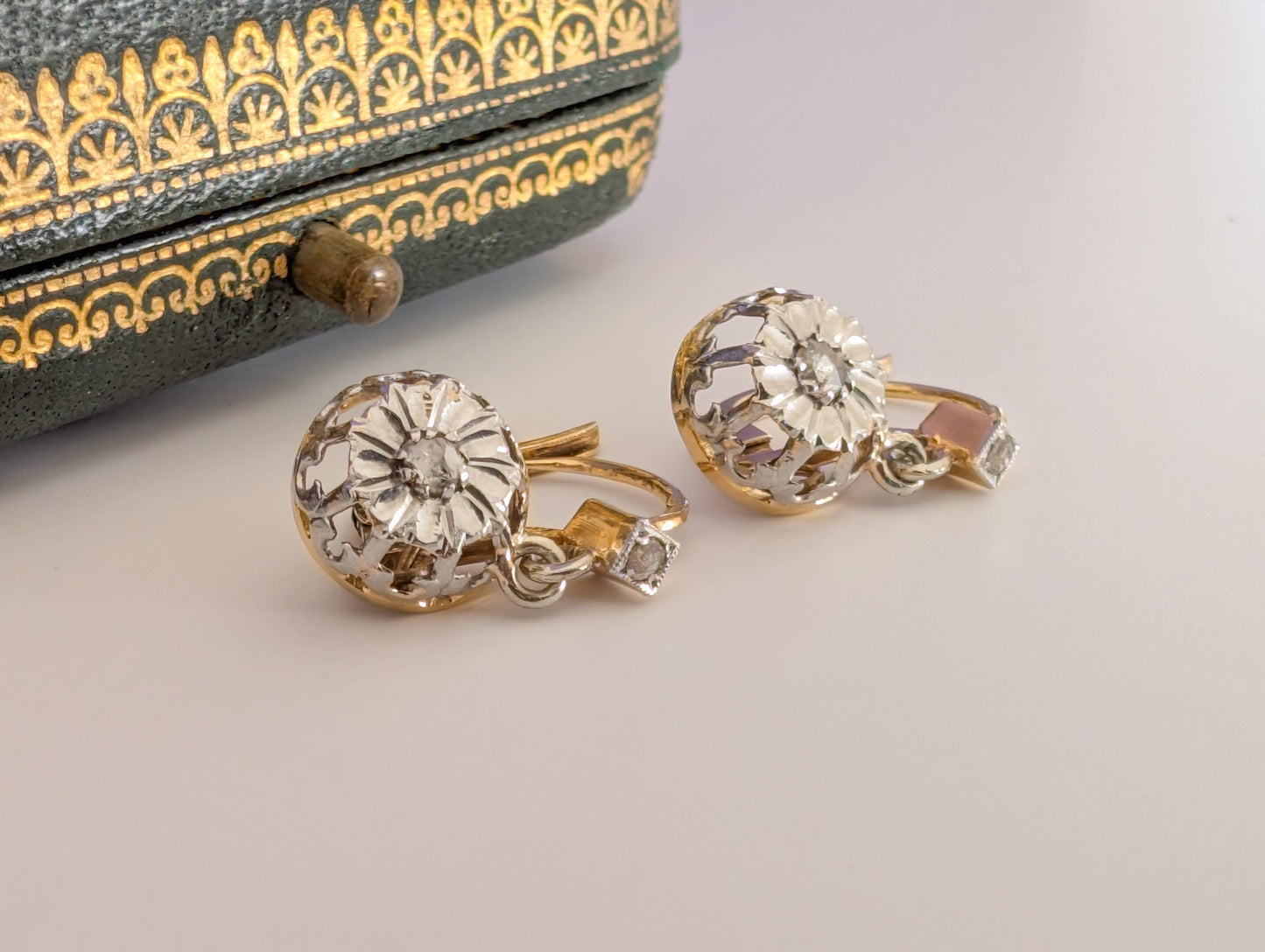 1930s Art Deco 18K Gold Diamond Sleeper Earrings: Antique French Jewelry