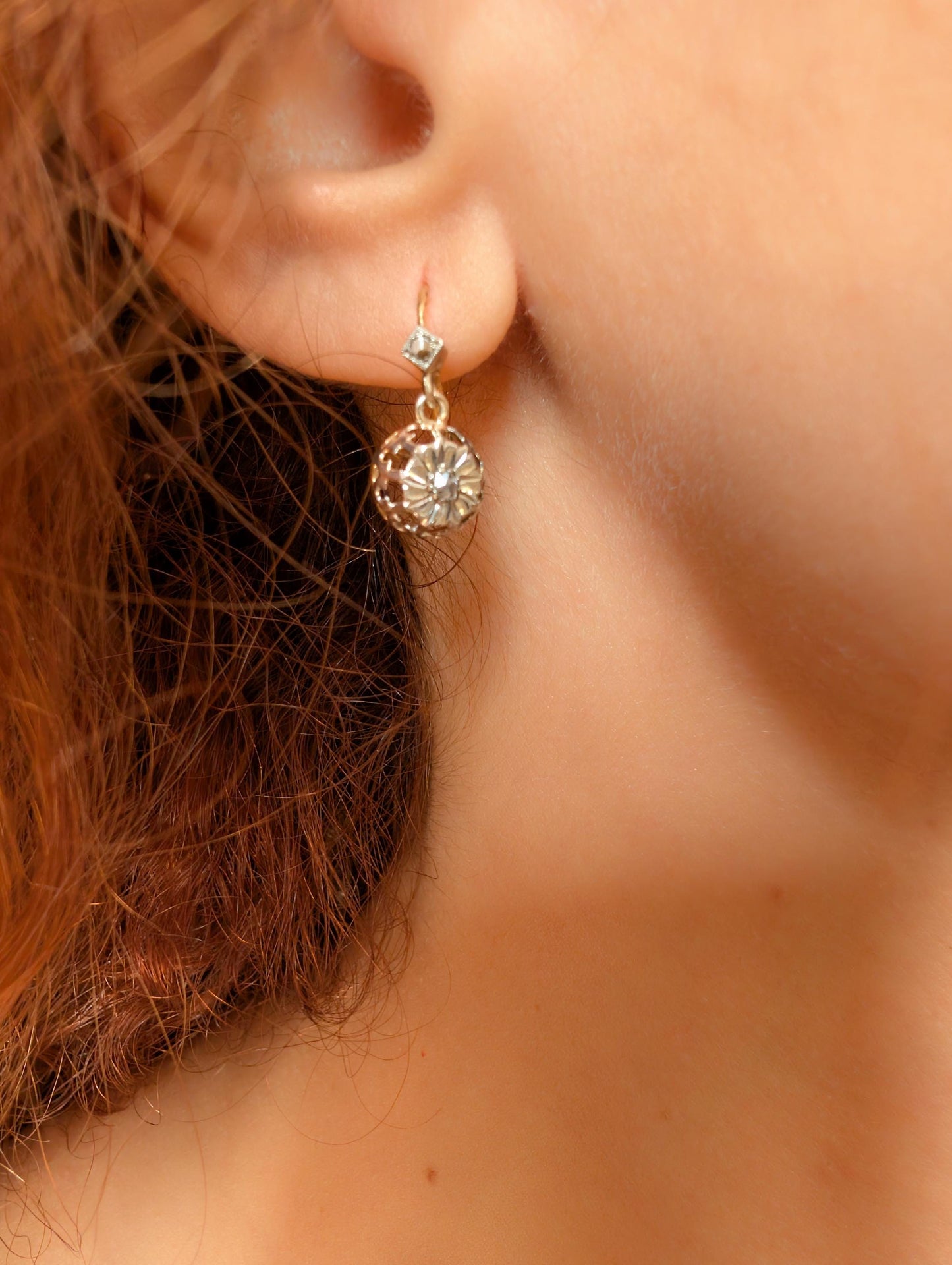 1930s Art Deco 18K Gold Diamond Sleeper Earrings: Antique French Jewelry