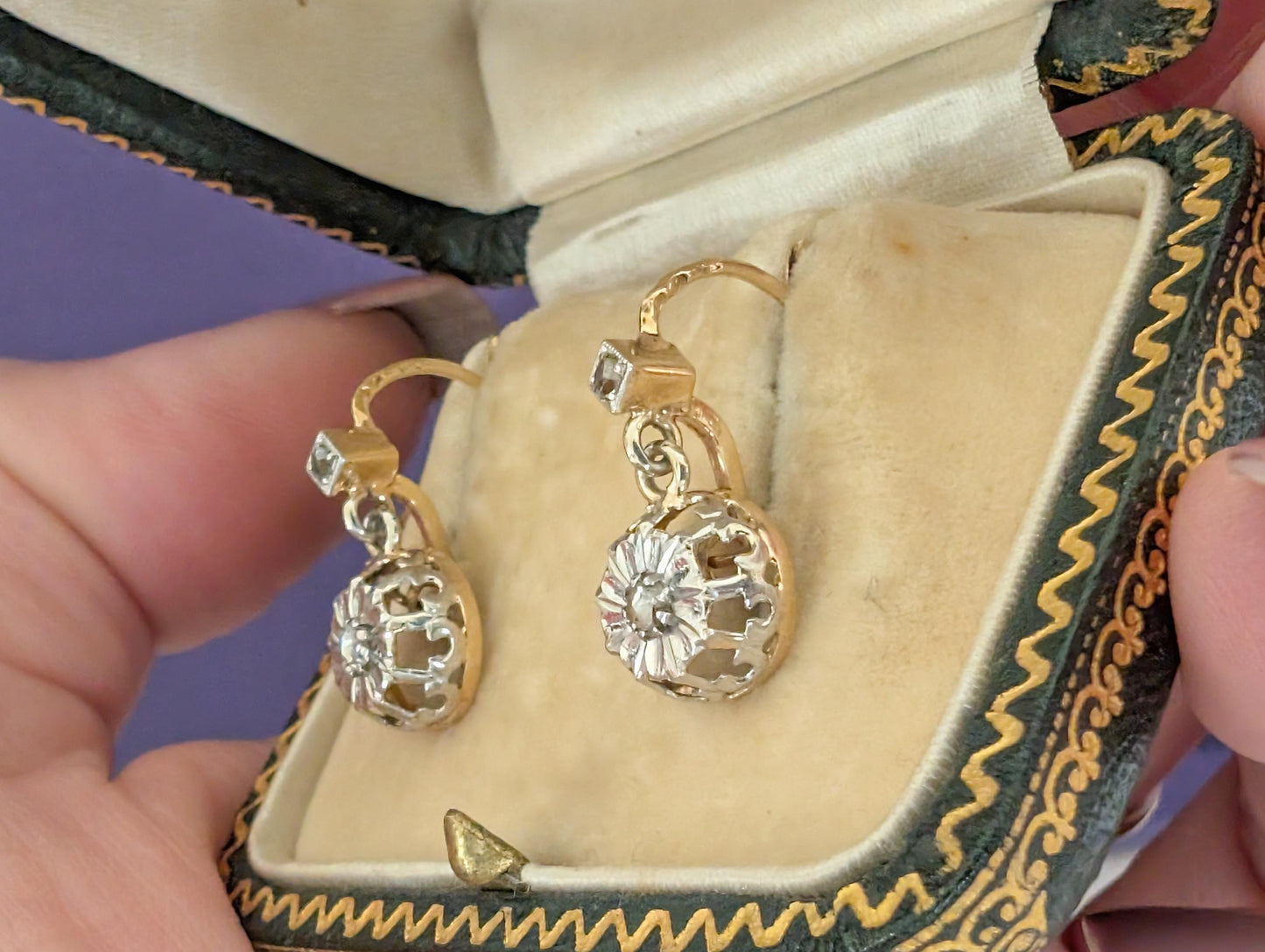 1930s Art Deco 18K Gold Diamond Sleeper Earrings: Antique French Jewelry