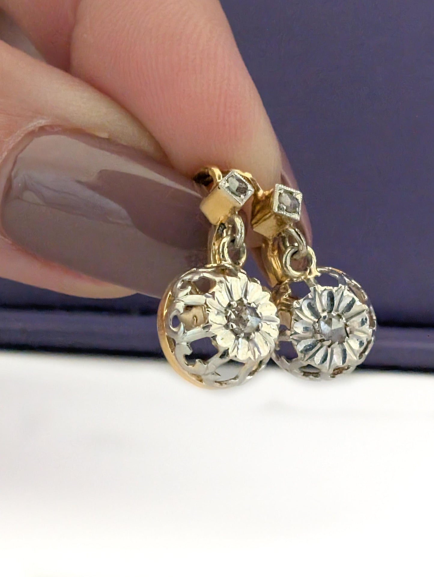 1930s Art Deco 18K Gold Diamond Sleeper Earrings: Antique French Jewelry