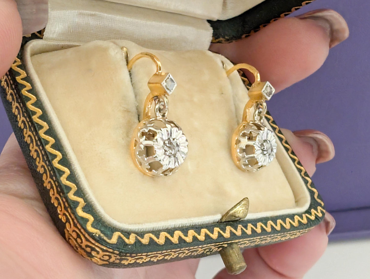 1930s Art Deco 18K Gold Diamond Sleeper Earrings: Antique French Jewelry