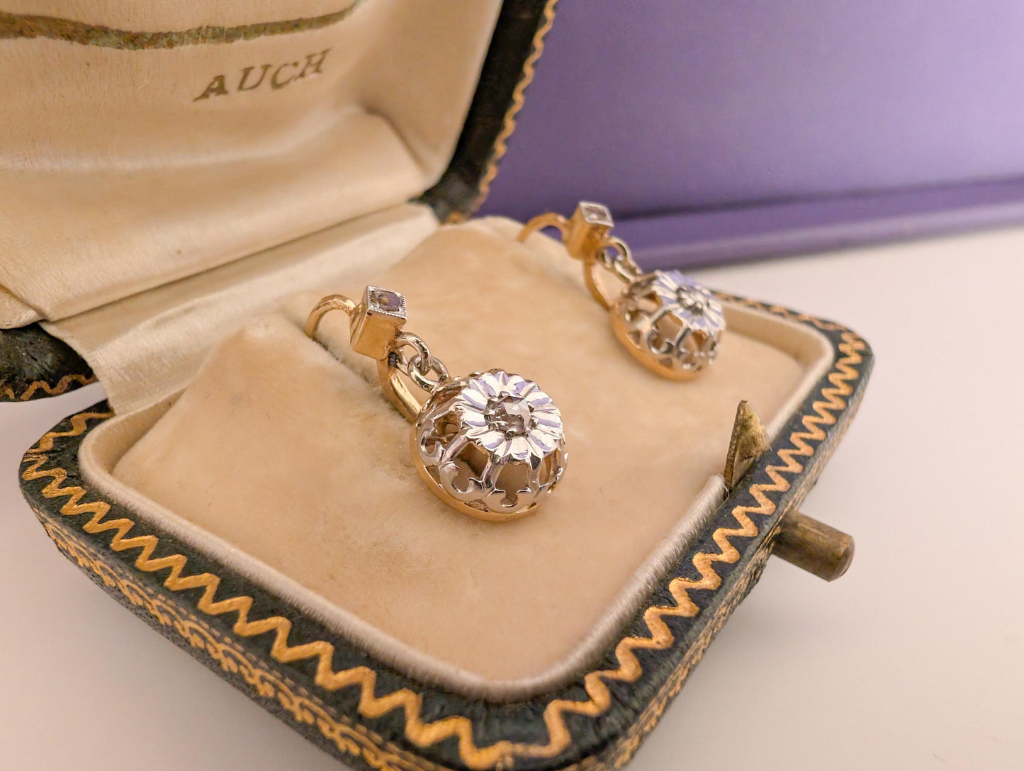 1930s Art Deco 18K Gold Diamond Sleeper Earrings: Antique French Jewelry