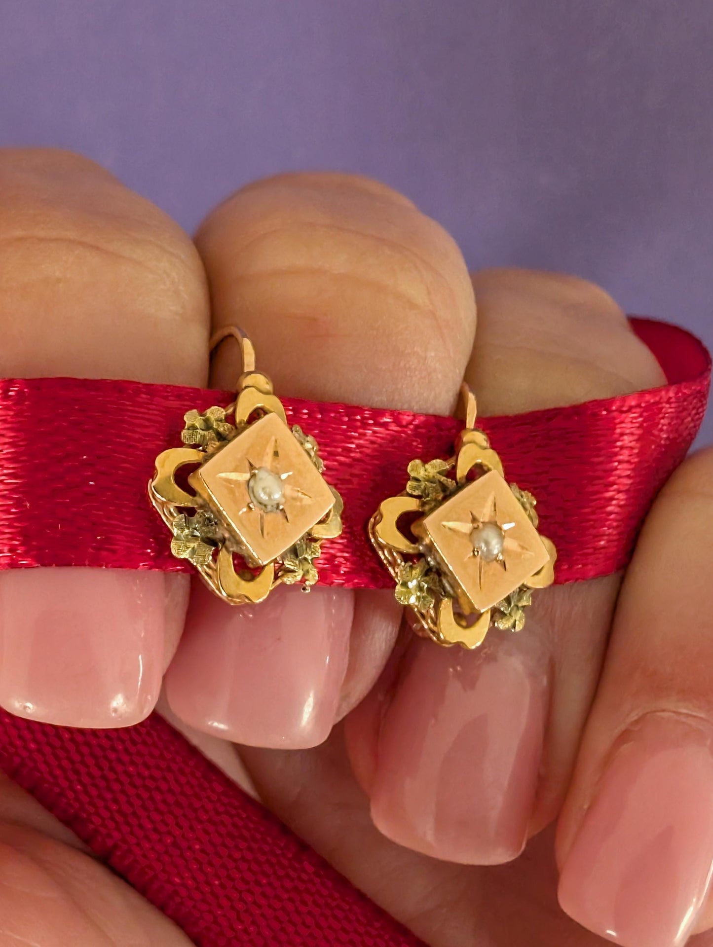 18K Gold Victorian Pearl Earrings: Antique Napoleon III Dormeuses