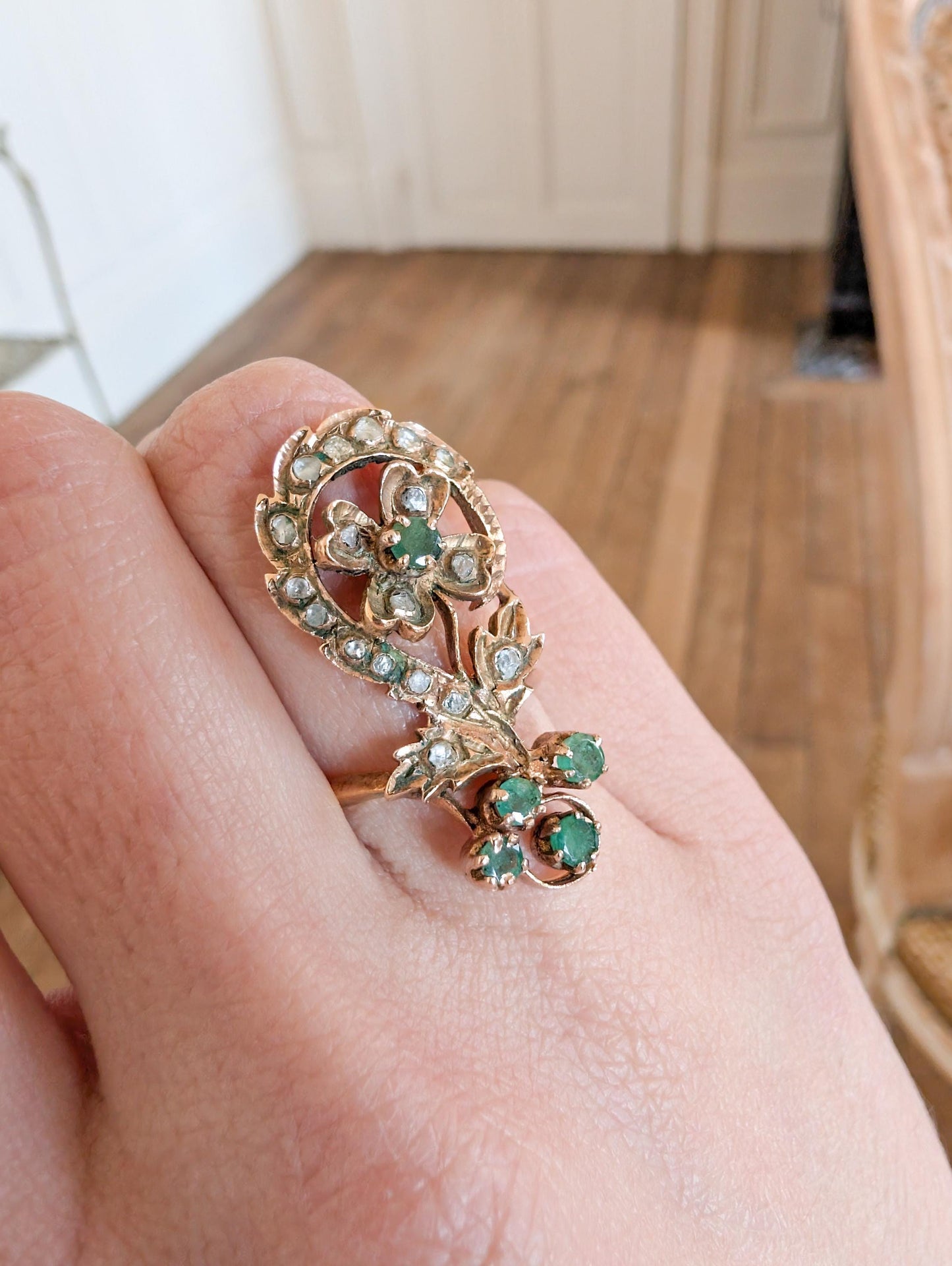 9K Gold Antique Art Nouveau Emerald Diamond Ring (US 5 1/2)