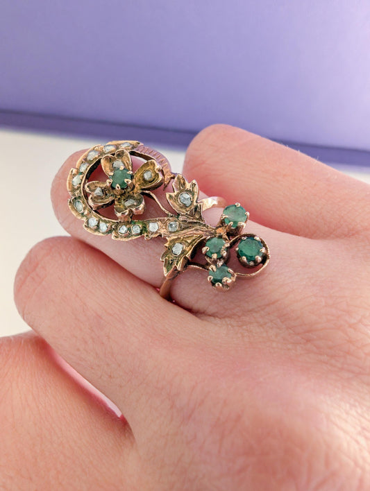 9K Gold Antique Art Nouveau Emerald Diamond Ring (US 5 1/2)