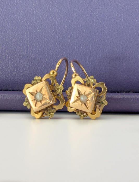 18K Gold Victorian Pearl Earrings: Antique Napoleon III Dormeuses