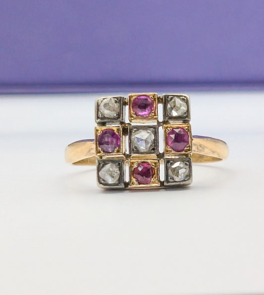18K Gold Art Deco Ring: Diamond & Garnet Engagement Ring