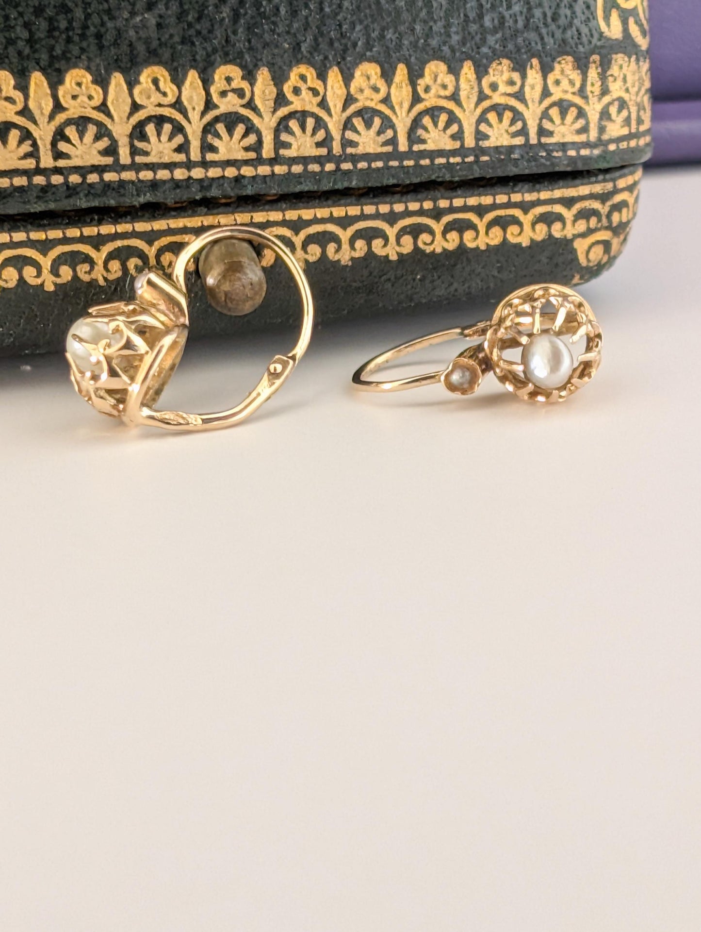 Antique 18K Gold Pearl Sleeper Earrings: French Victorian Dormeuses