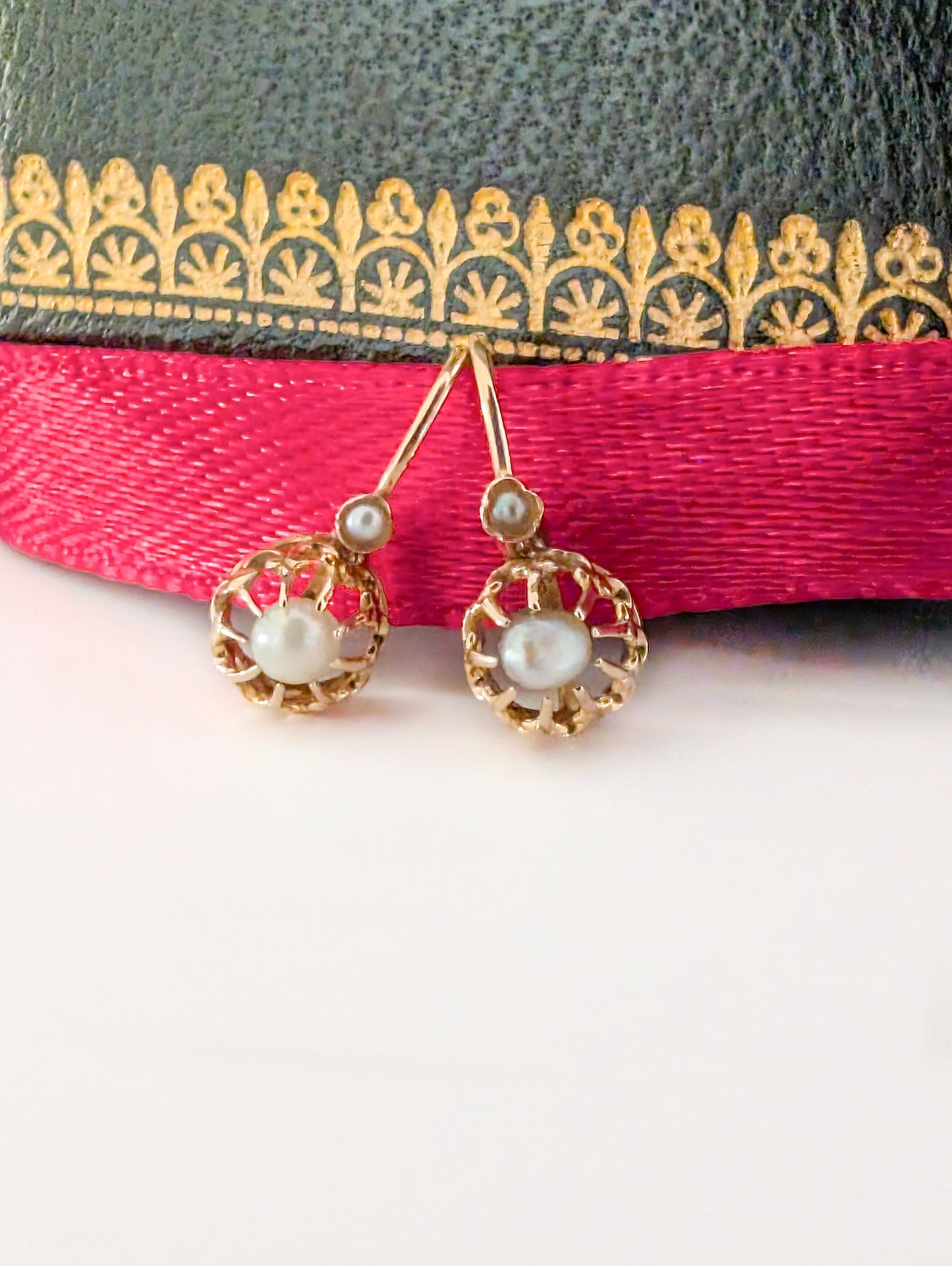 Antique 18K Gold Pearl Sleeper Earrings: French Victorian Dormeuses