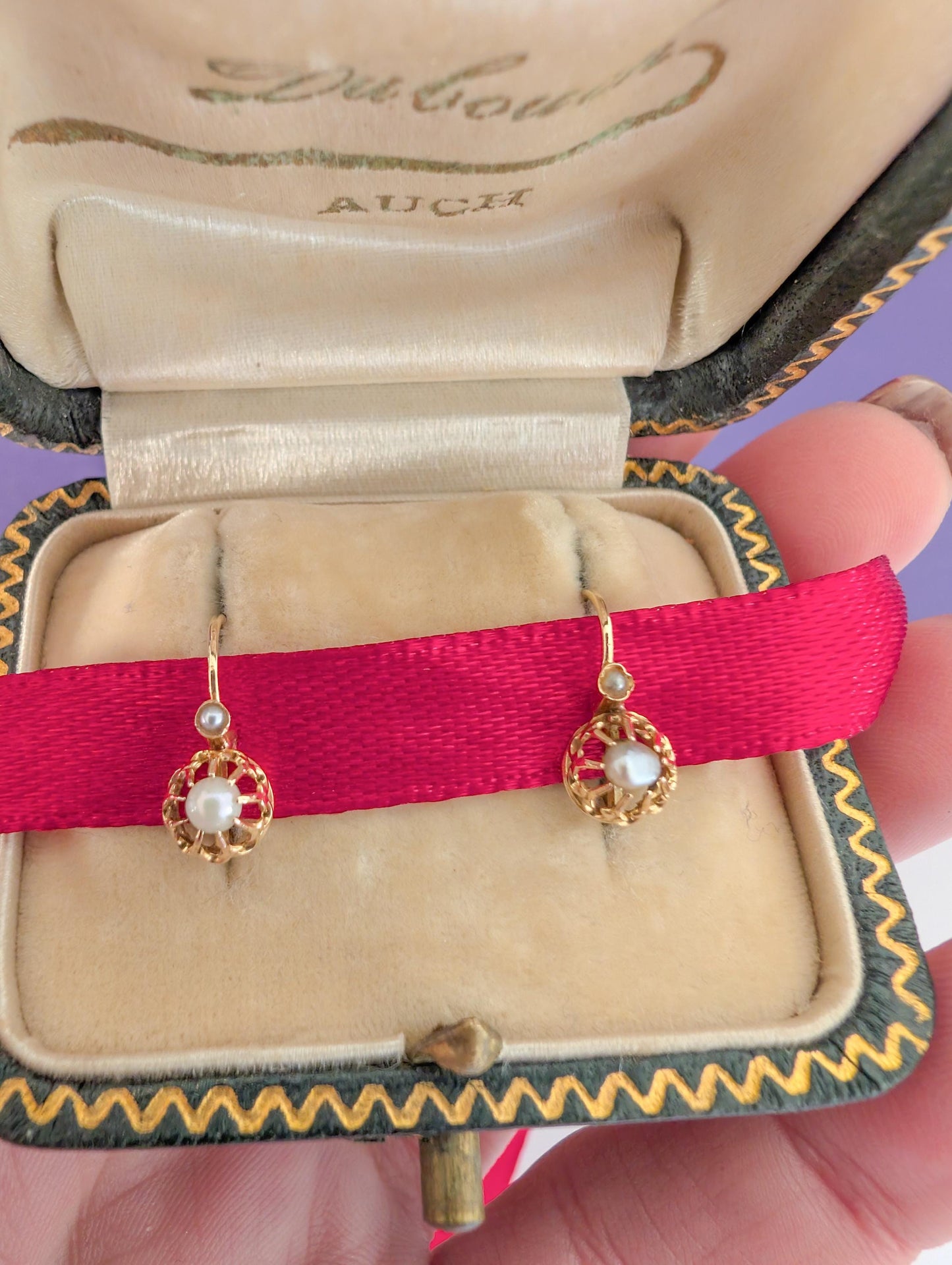 Antique 18K Gold Pearl Sleeper Earrings: French Victorian Dormeuses