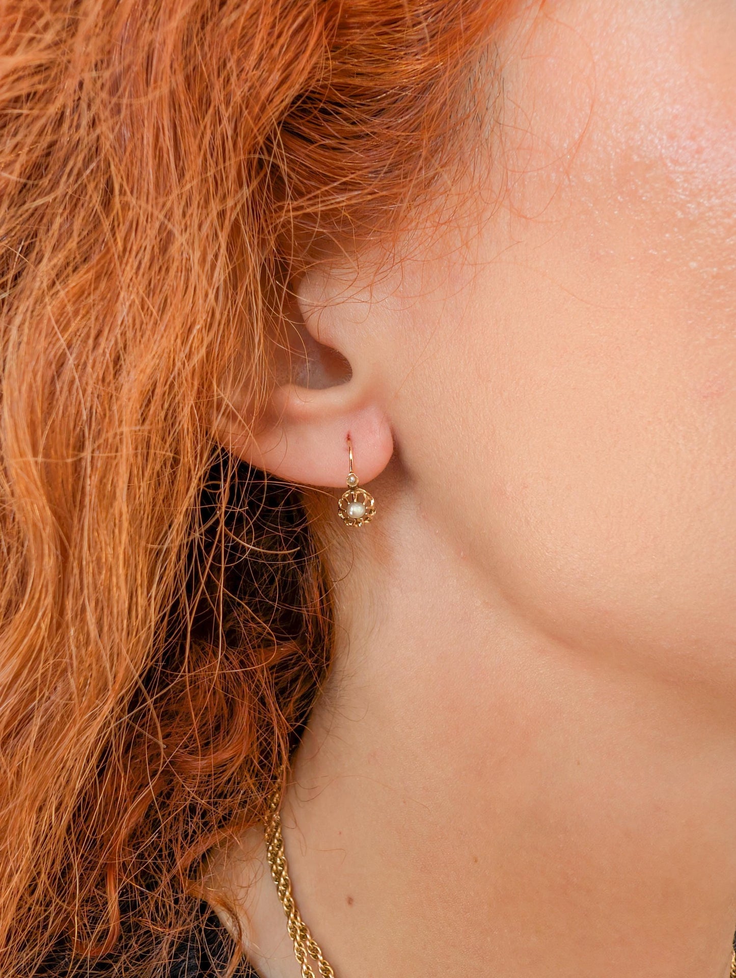 Antique 18K Gold Pearl Sleeper Earrings: French Victorian Dormeuses