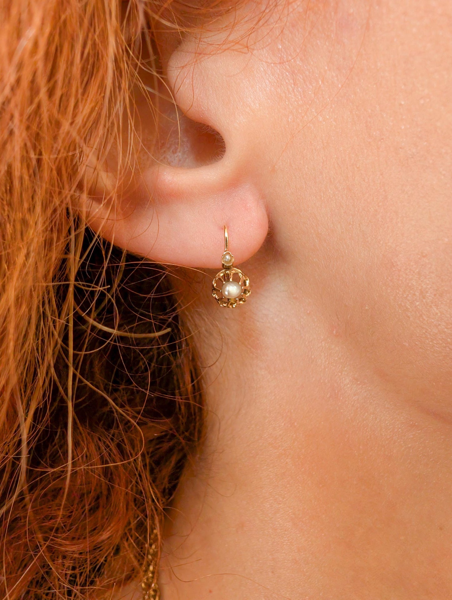 Antique 18K Gold Pearl Sleeper Earrings: French Victorian Dormeuses