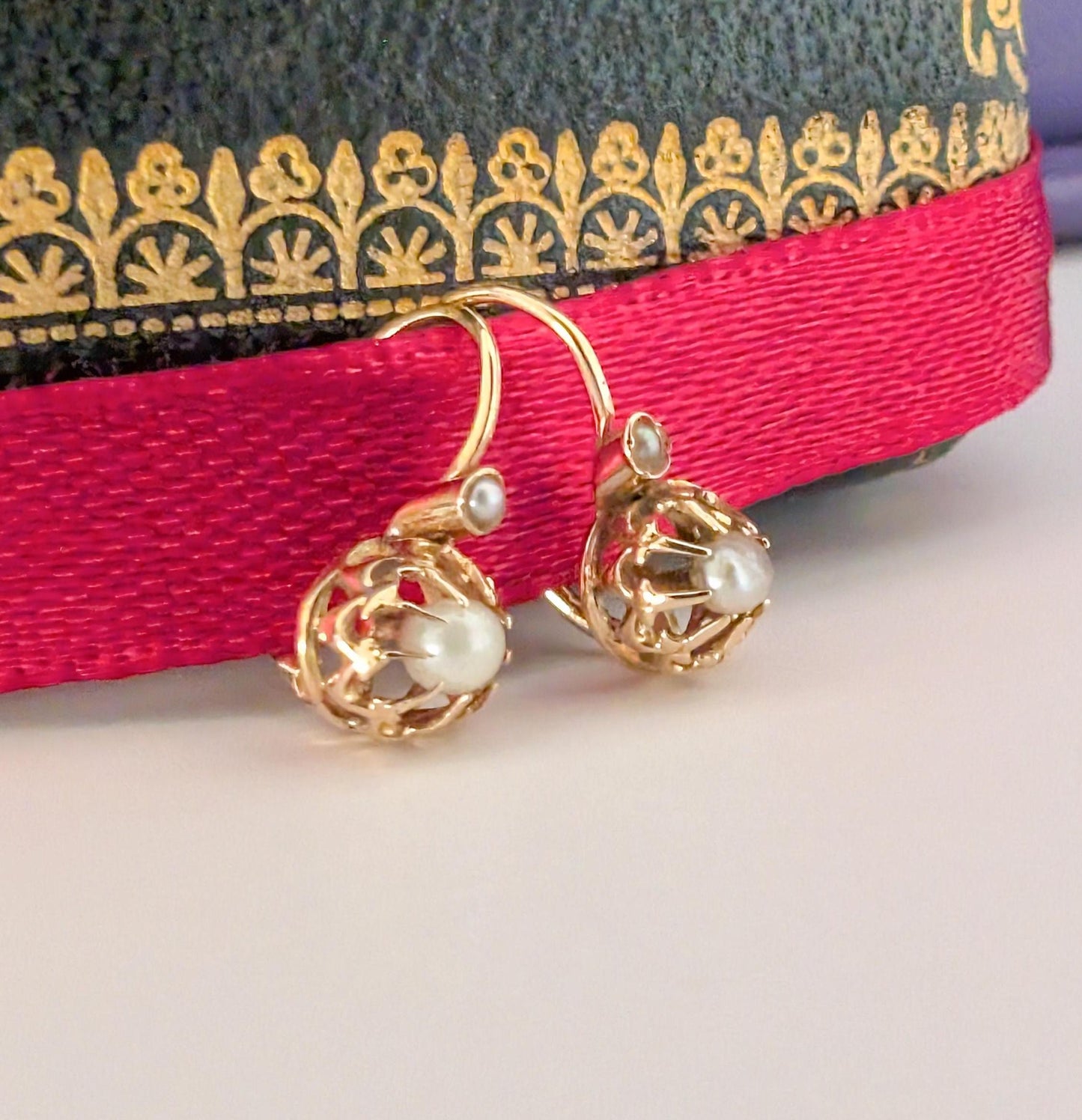 Antique 18K Gold Pearl Sleeper Earrings: French Victorian Dormeuses