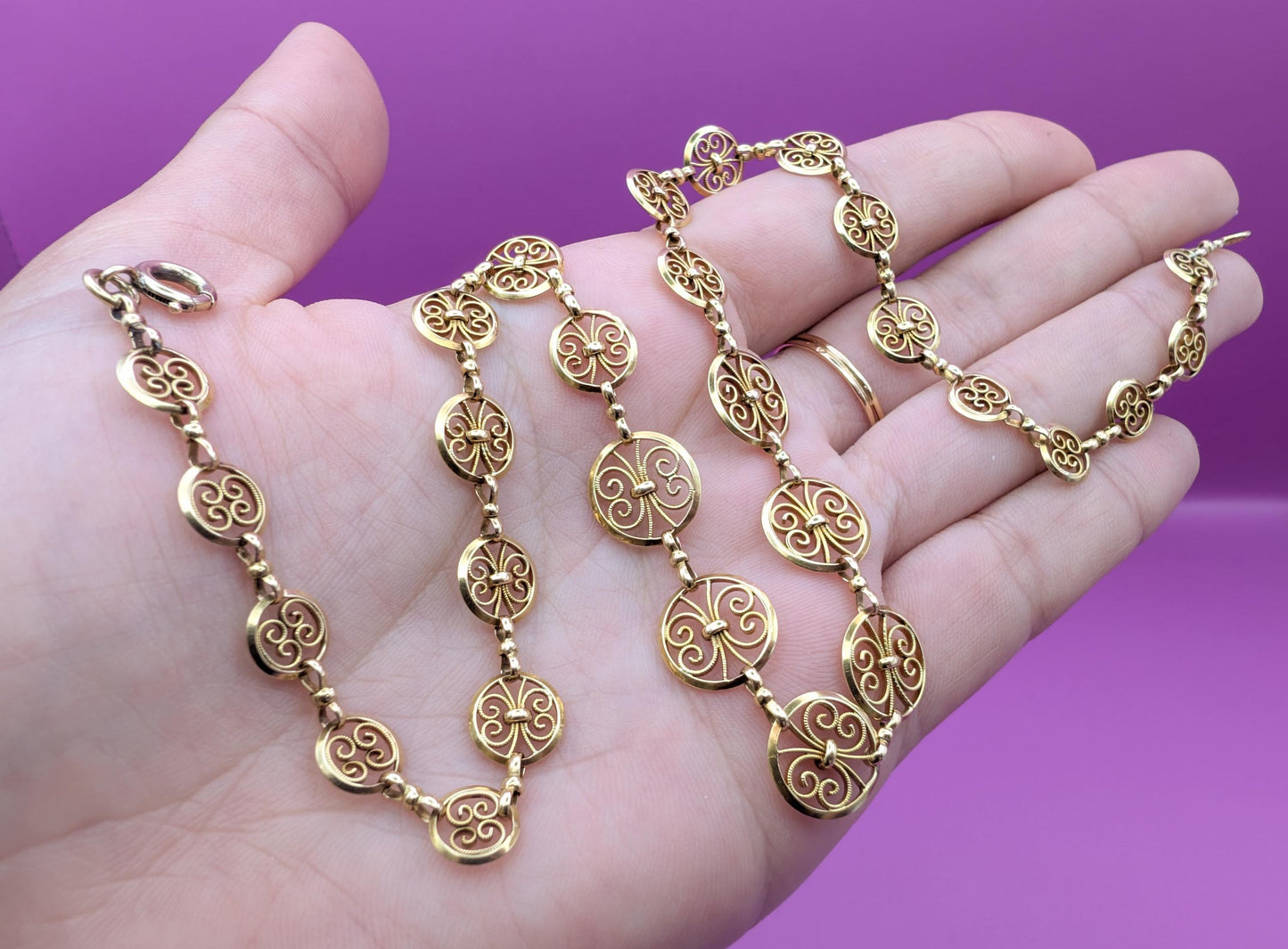 Rare Antique 18K Gold Edwardian Filigree Drapery Necklace, French Belle Epoque Chain