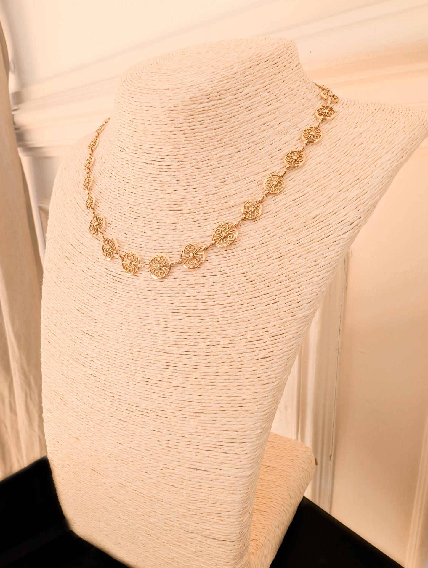 Rare Antique 18K Gold Edwardian Filigree Drapery Necklace, French Belle Epoque Chain