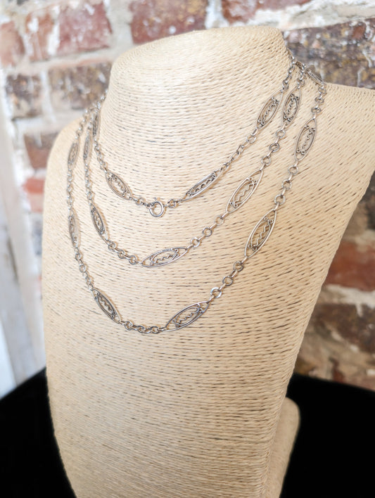 Antique French Silver Filigree Longuard Necklace: Art Nouveau Chain