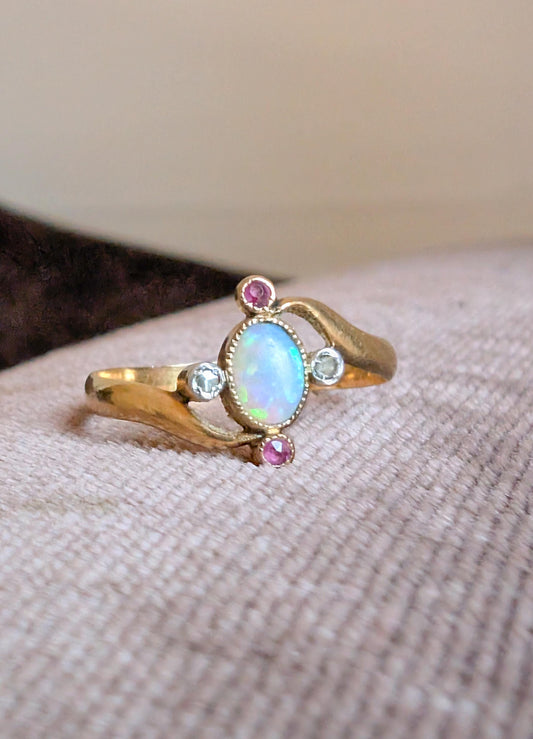 Antique 18ct Gold Opal Garnet Diamond Ring: Victorian Engagement Jewelry