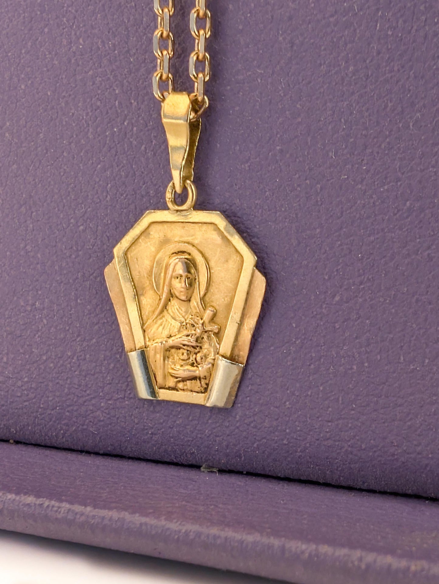 18K Gold St. Therese Medal: Antique French Religious Pendant, Art Deco