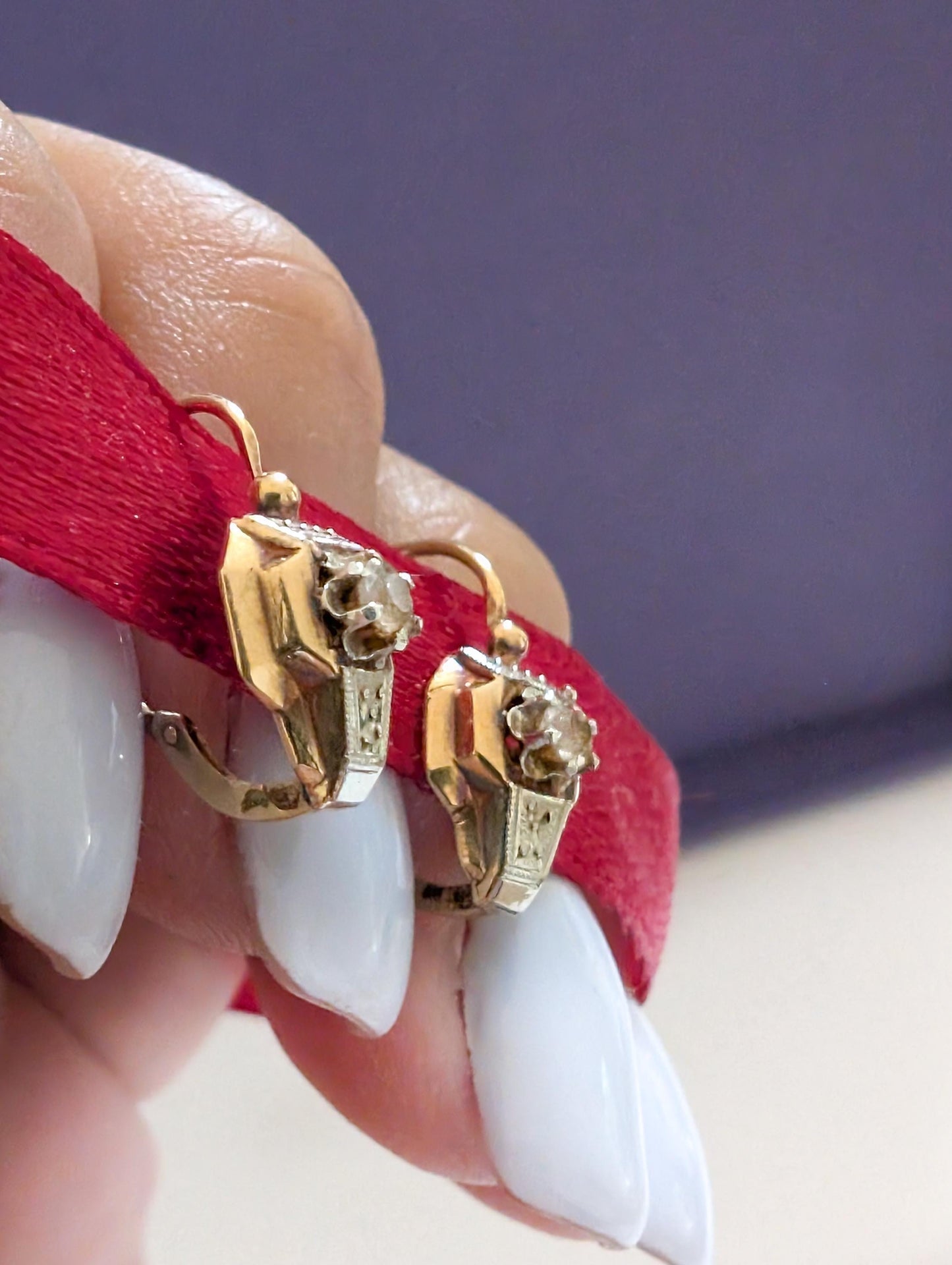 18K Gold Art Deco Sapphire Earrings: Antique French Brisures