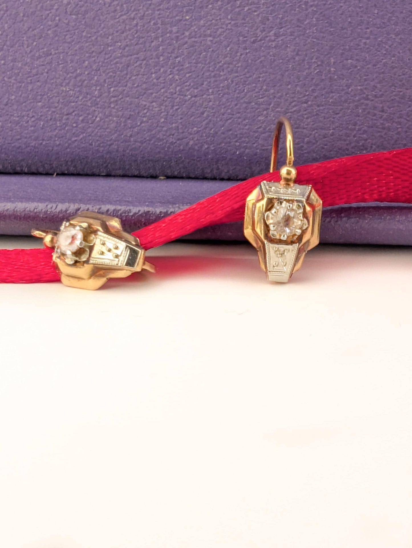 18K Gold Art Deco Sapphire Earrings: Antique French Brisures