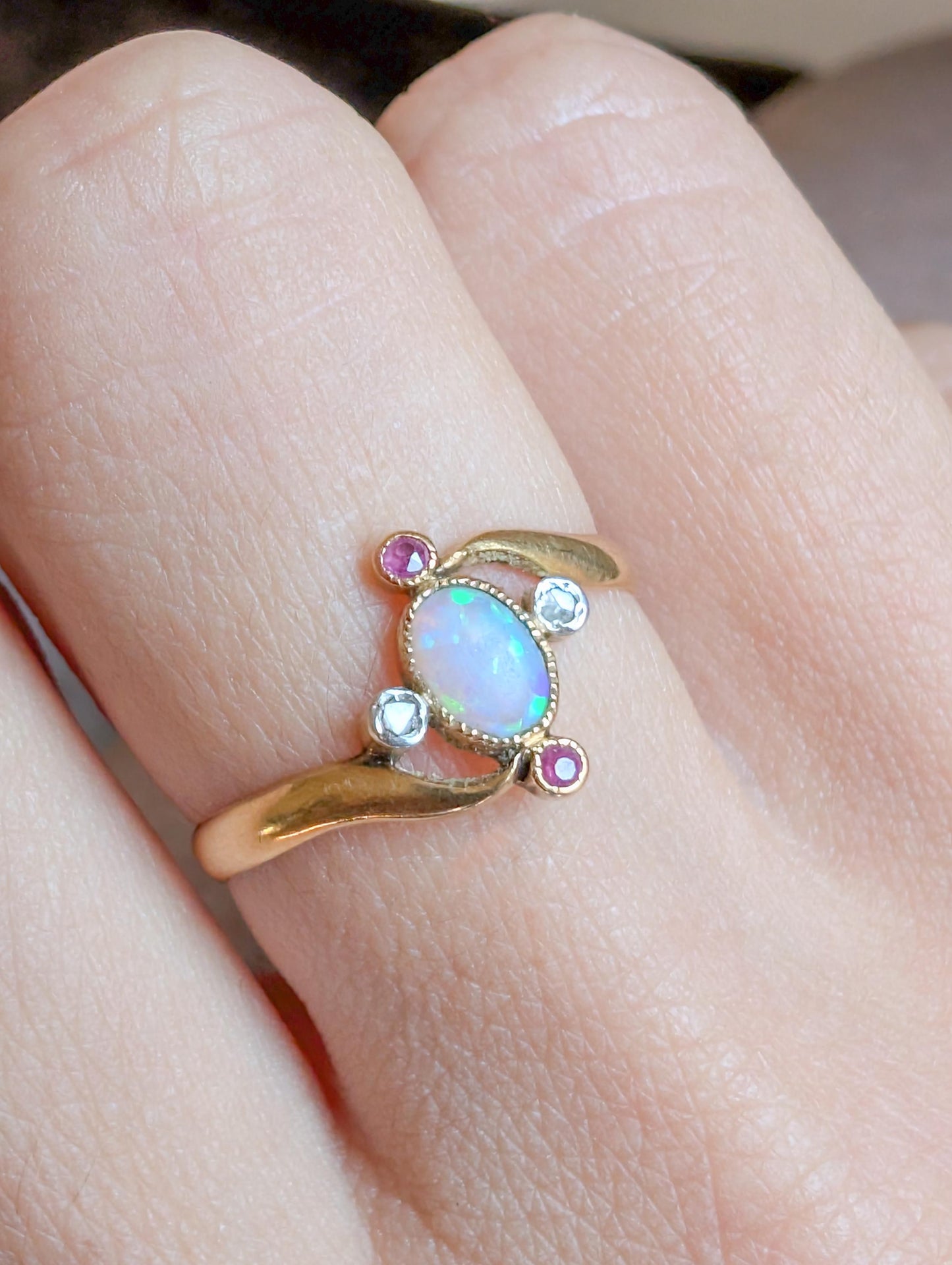 Antique 18ct Gold Opal Garnet Diamond Ring: Victorian Engagement Jewelry