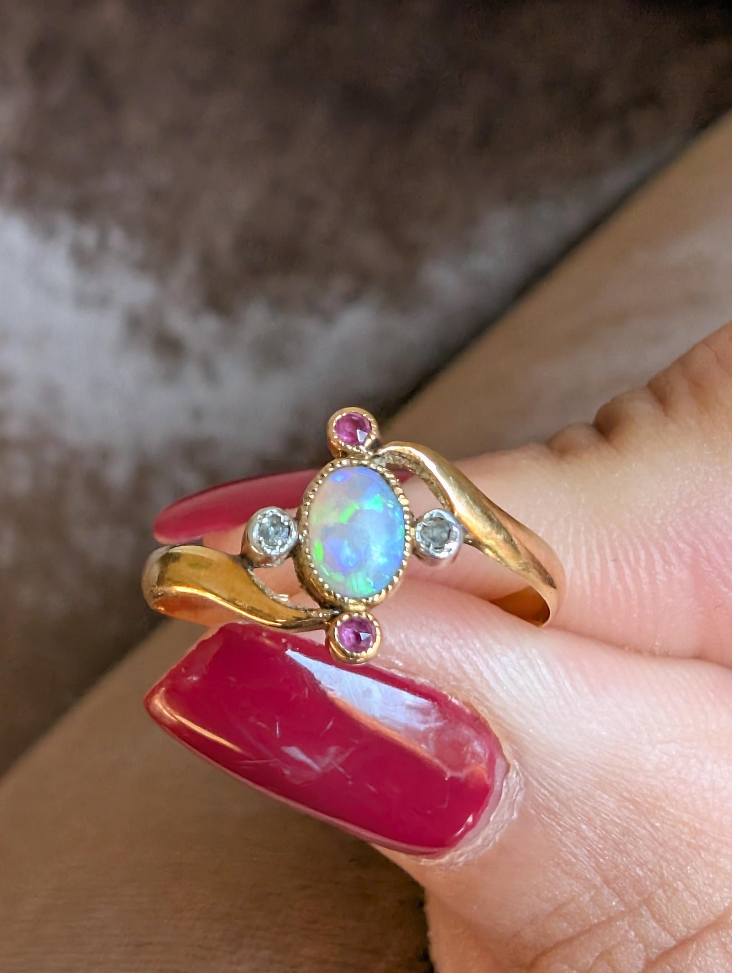 Antique 18ct Gold Opal Garnet Diamond Ring: Victorian Engagement Jewelry