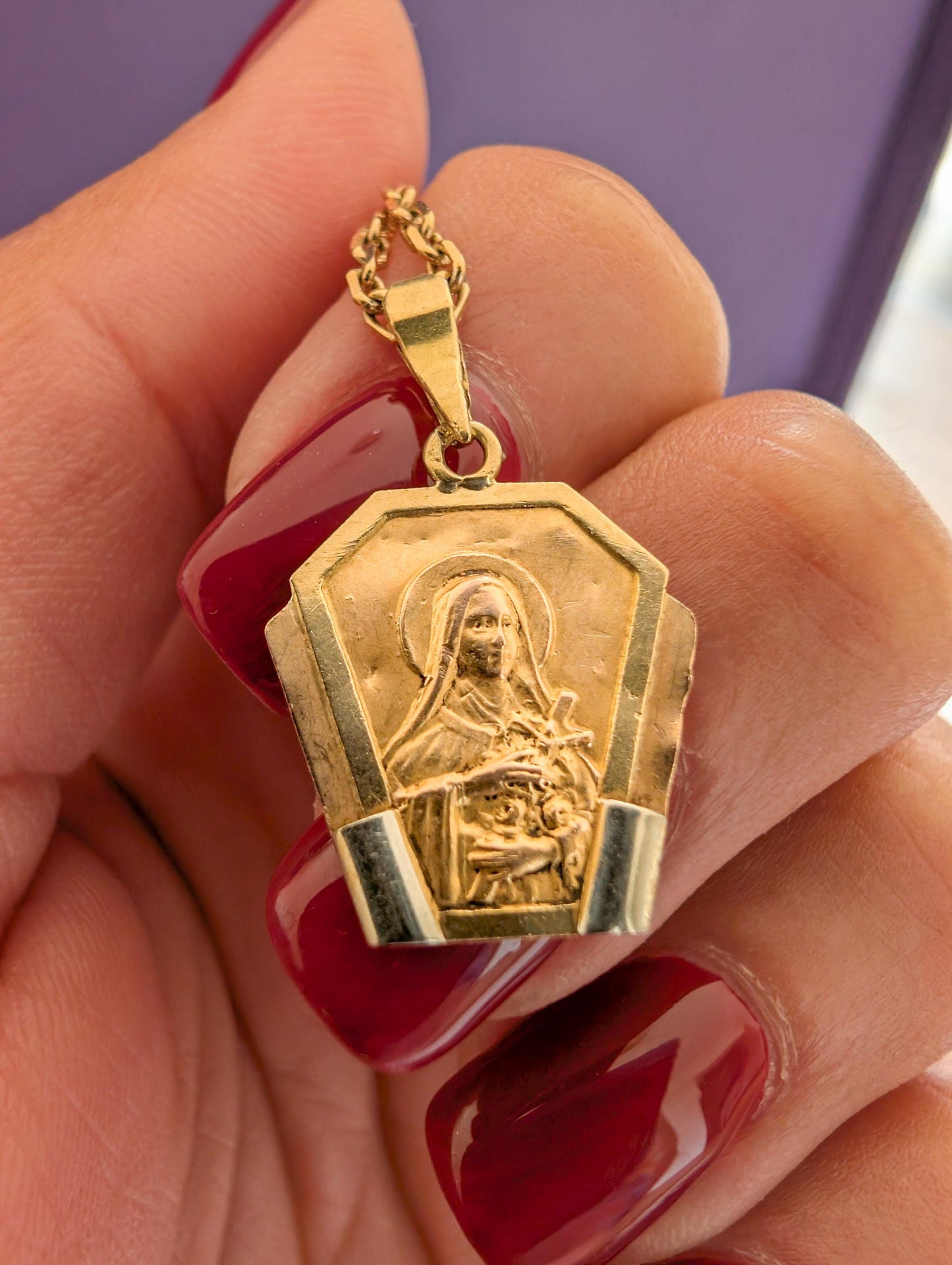 18K Gold St. Therese Medal: Antique French Religious Pendant, Art Deco