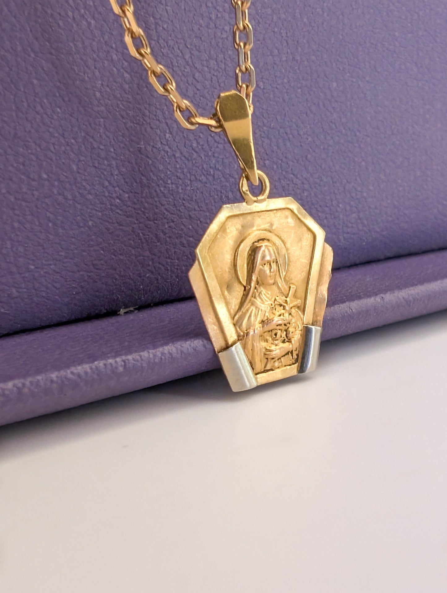18K Gold St. Therese Medal: Antique French Religious Pendant, Art Deco